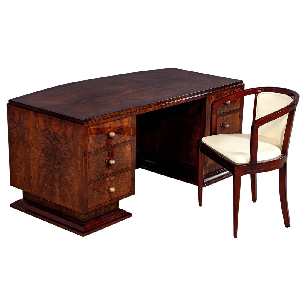 French Art Deco Flame Walnut Executive Desk with Chair
