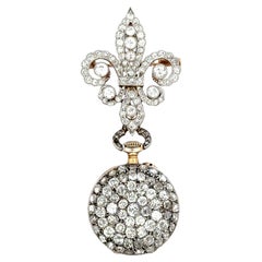 French Art Deco Fleur De Lis Diamond Watch Brooch Pendant 6.75 Carats Platinum