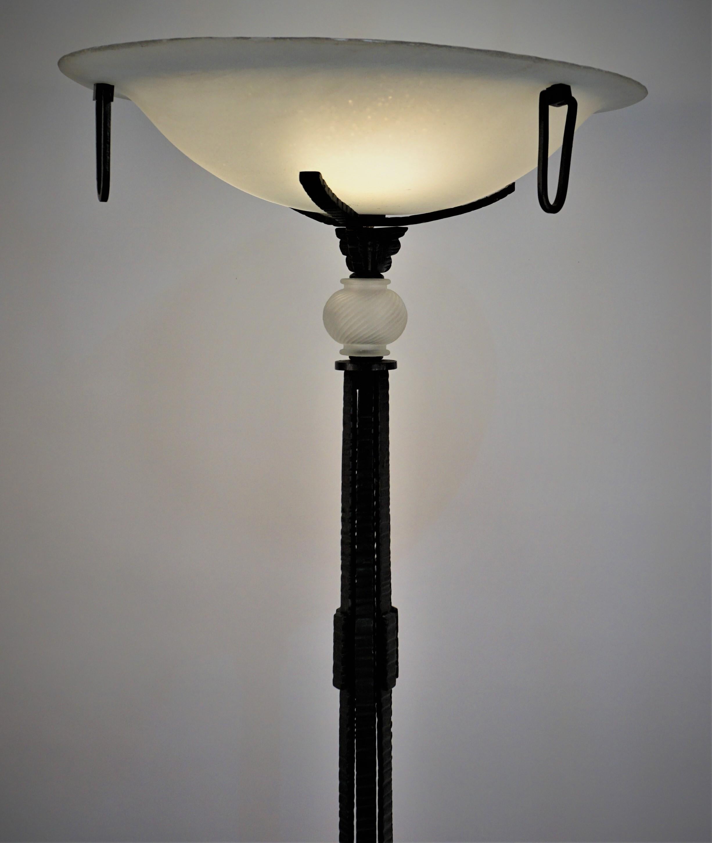 French 1920's art deco handmade iron floor lamp with blown glass shade.