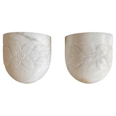 French Art Deco Floral Carved Demilune Marble Sconces - Rewired for US