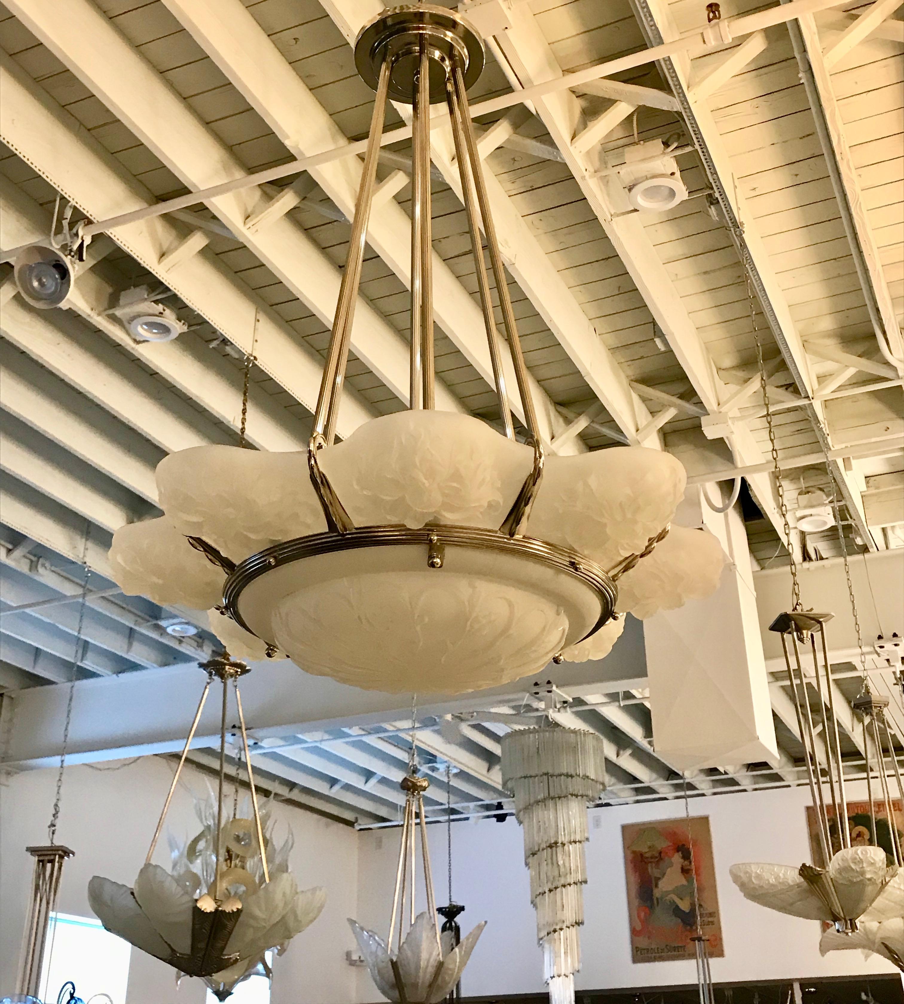 French Art Deco Floral Chandelier Signed Sabino In Excellent Condition For Sale In North Bergen, NJ