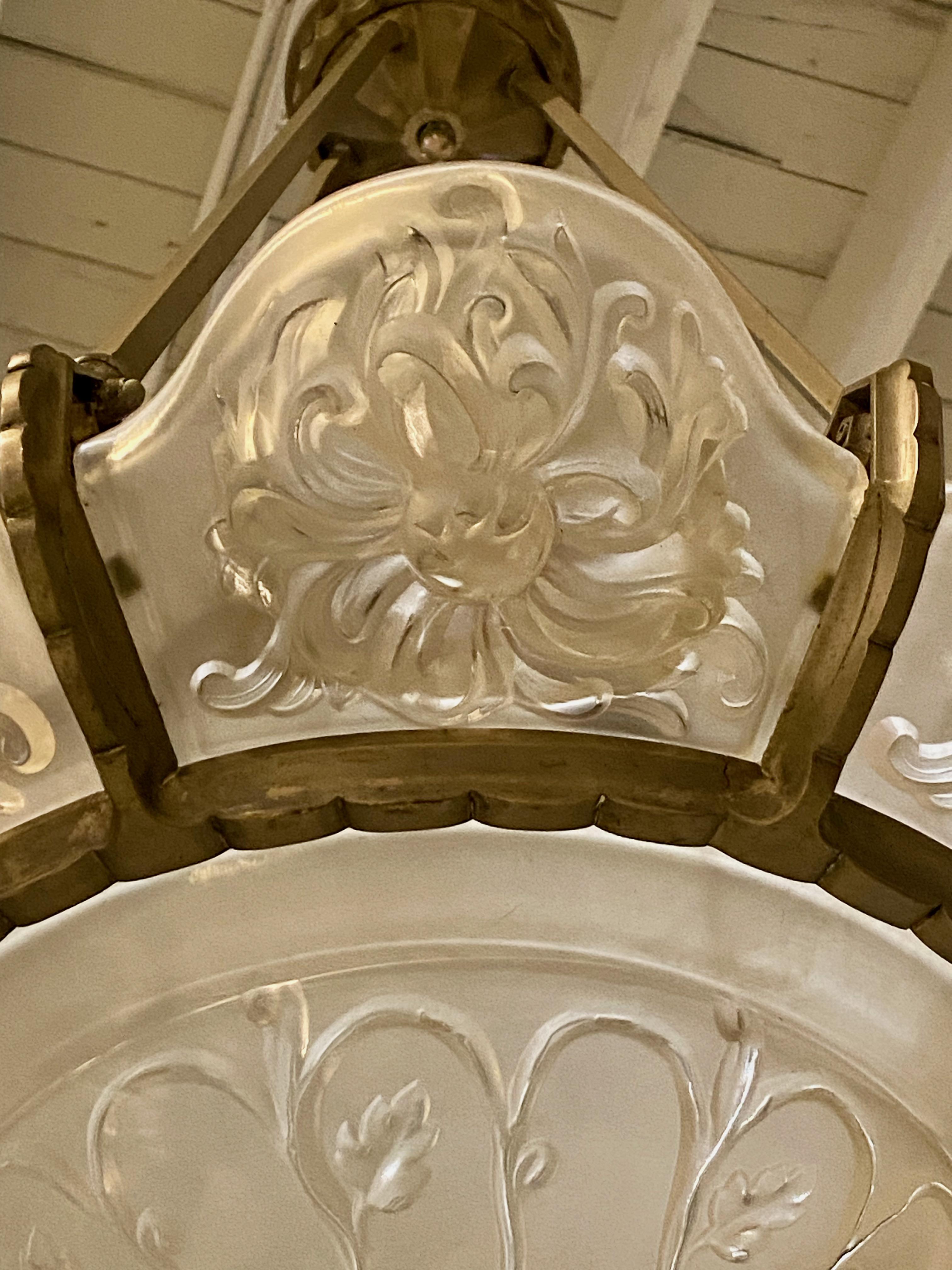 Early 20th Century French Art Deco Floral Chandelier Signed Sabino For Sale