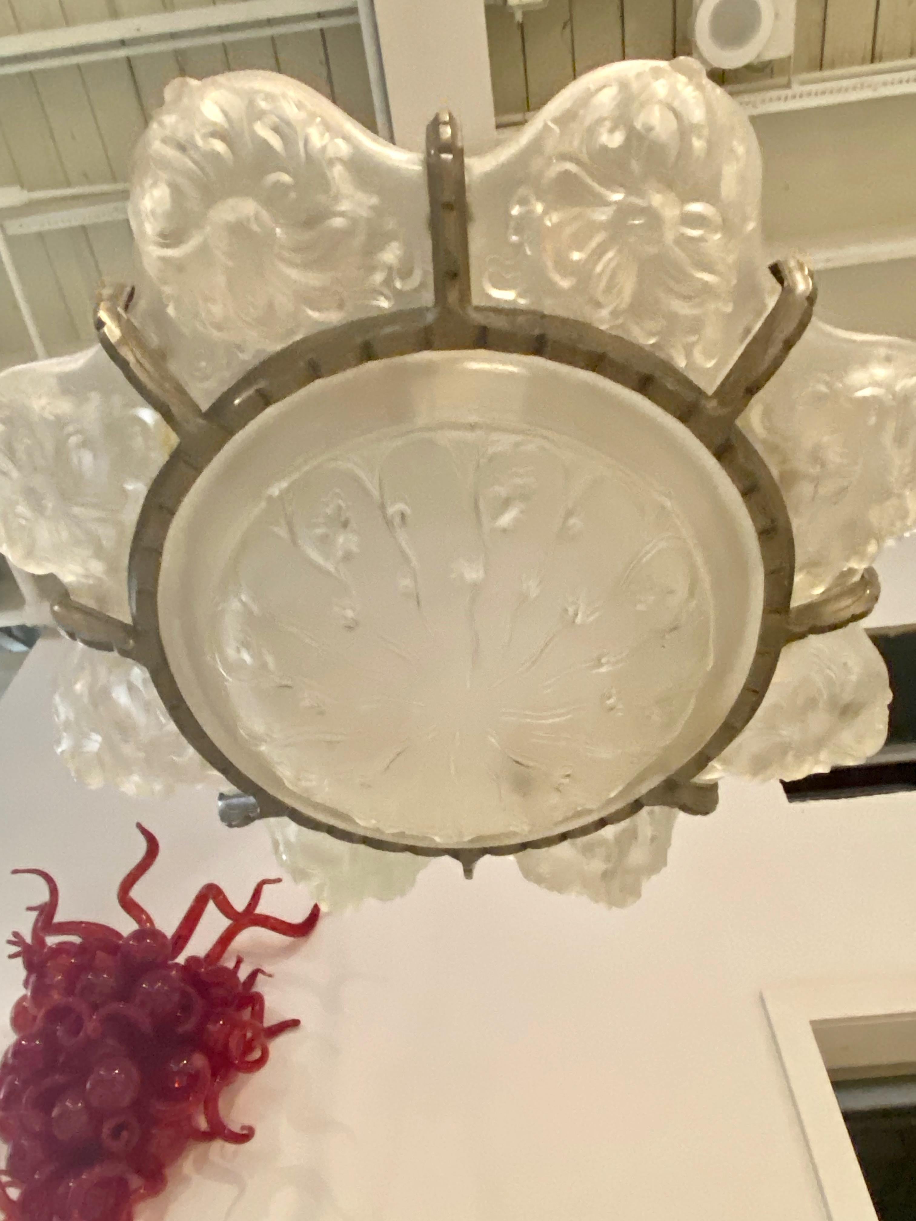 Glass French Art Deco Floral Chandelier Signed Sabino For Sale