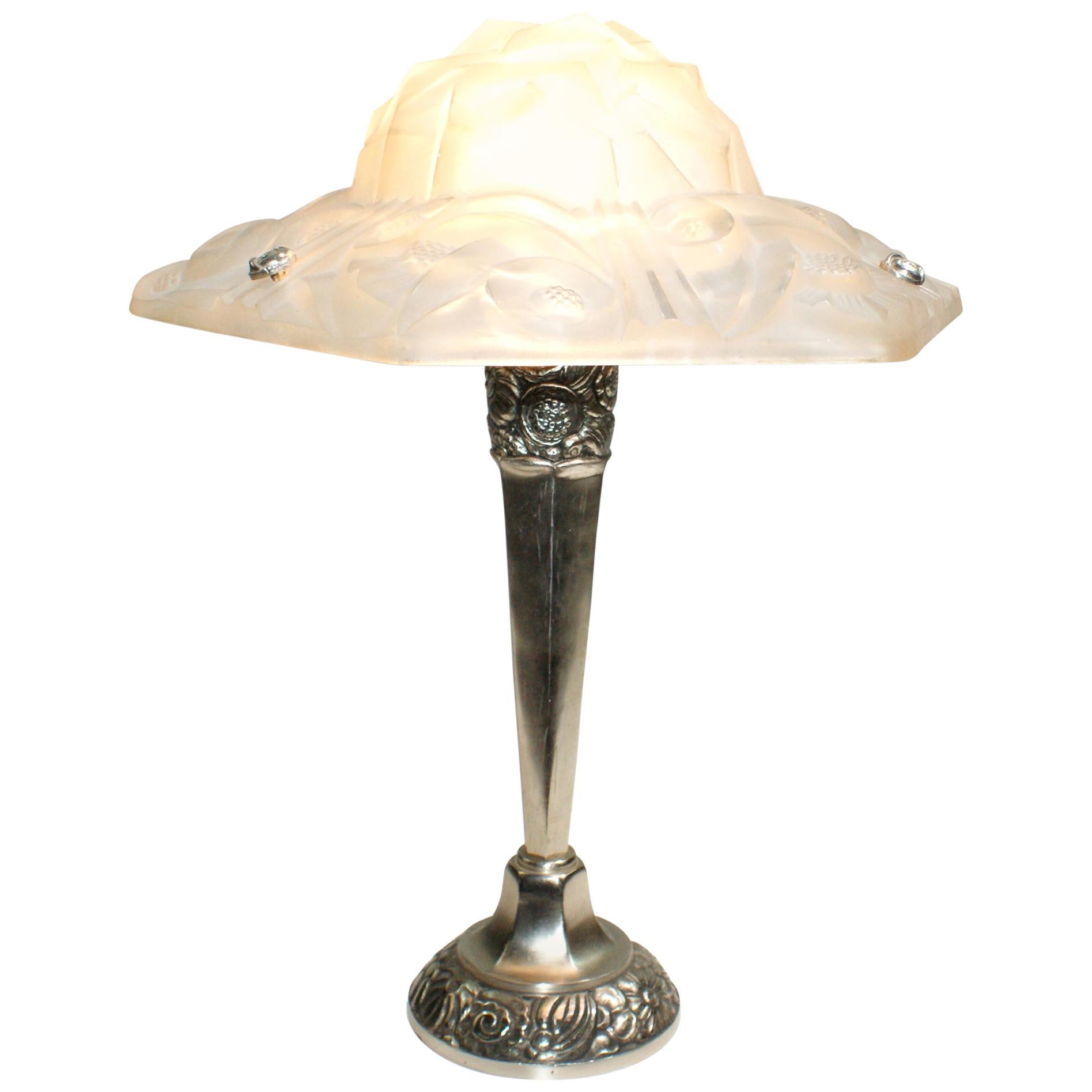 French Art Deco Floral Table Lamp Signed “Degue” For Sale