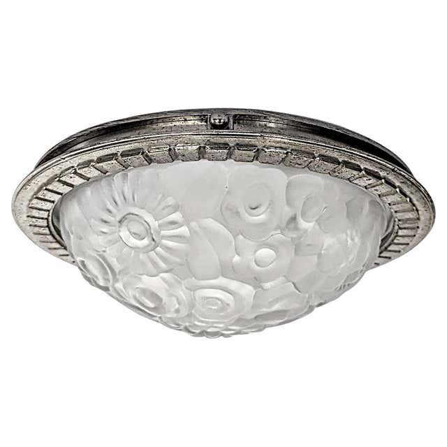 Genet and Michon, Art Deco Alabaster and Silvered Bronze Flush Mount, c ...