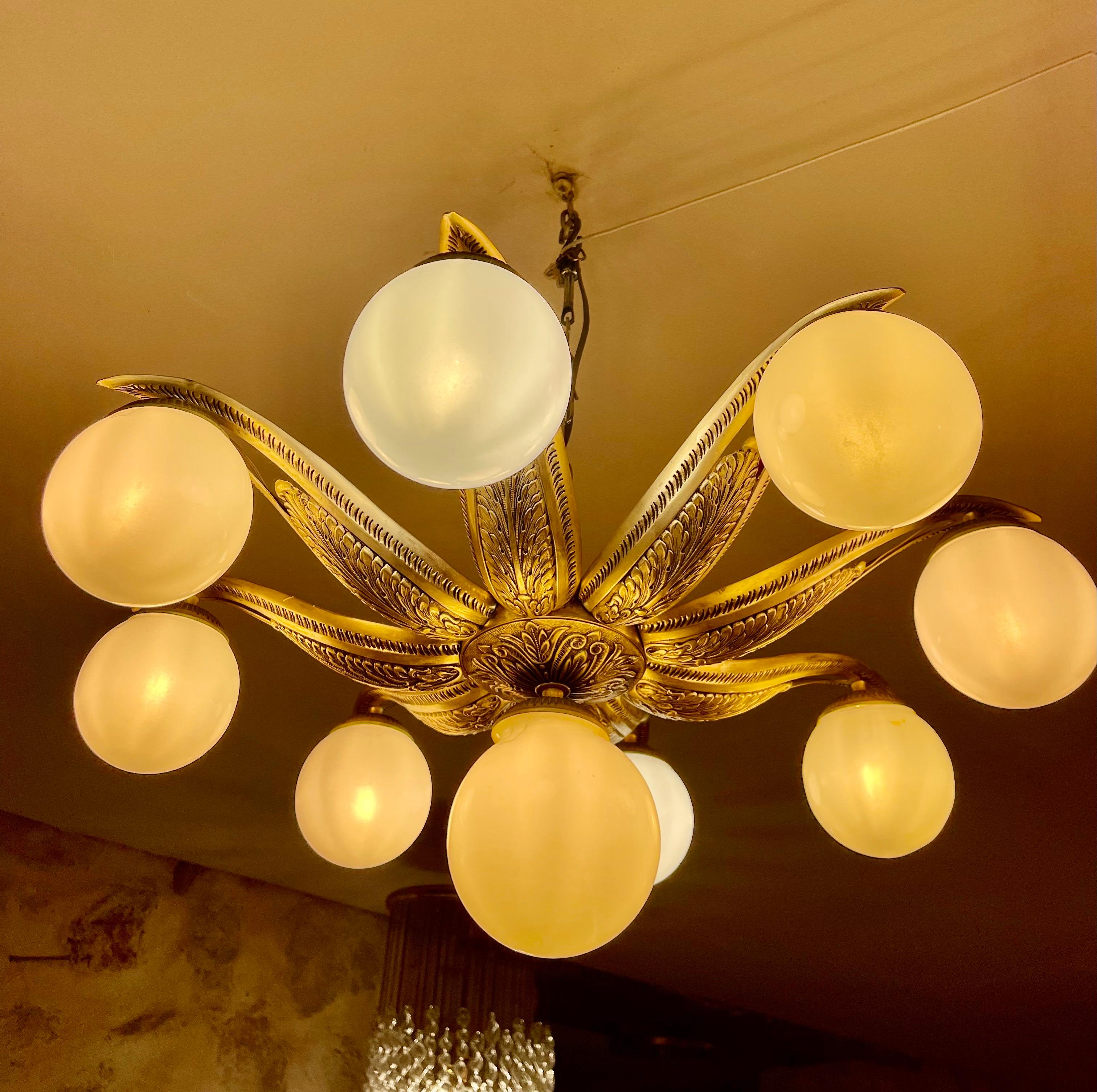 French art deco Flush Mount in Bronze and 9 Opaline Glass , France 1935 In Good Condition For Sale In La xara, VC