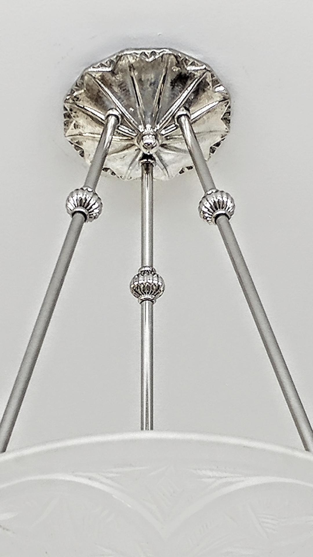 Glass French Art Deco Flush Mount or Pendant Chandelier by Muller Freres Pair Avai. For Sale