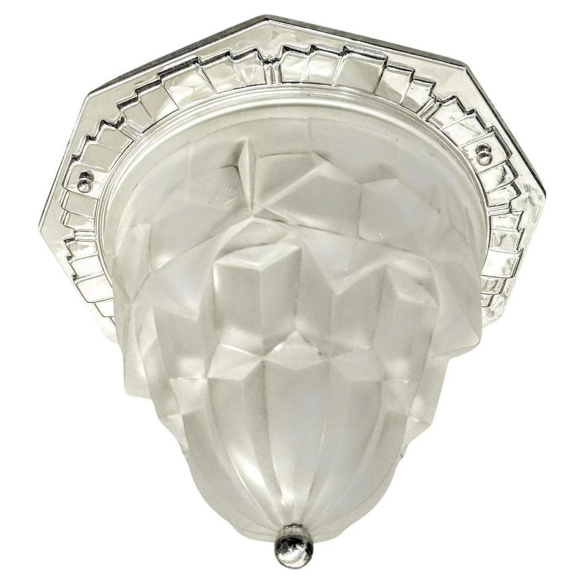 A French Art Deco flush mount glass shade with a matching frame by the French artist 