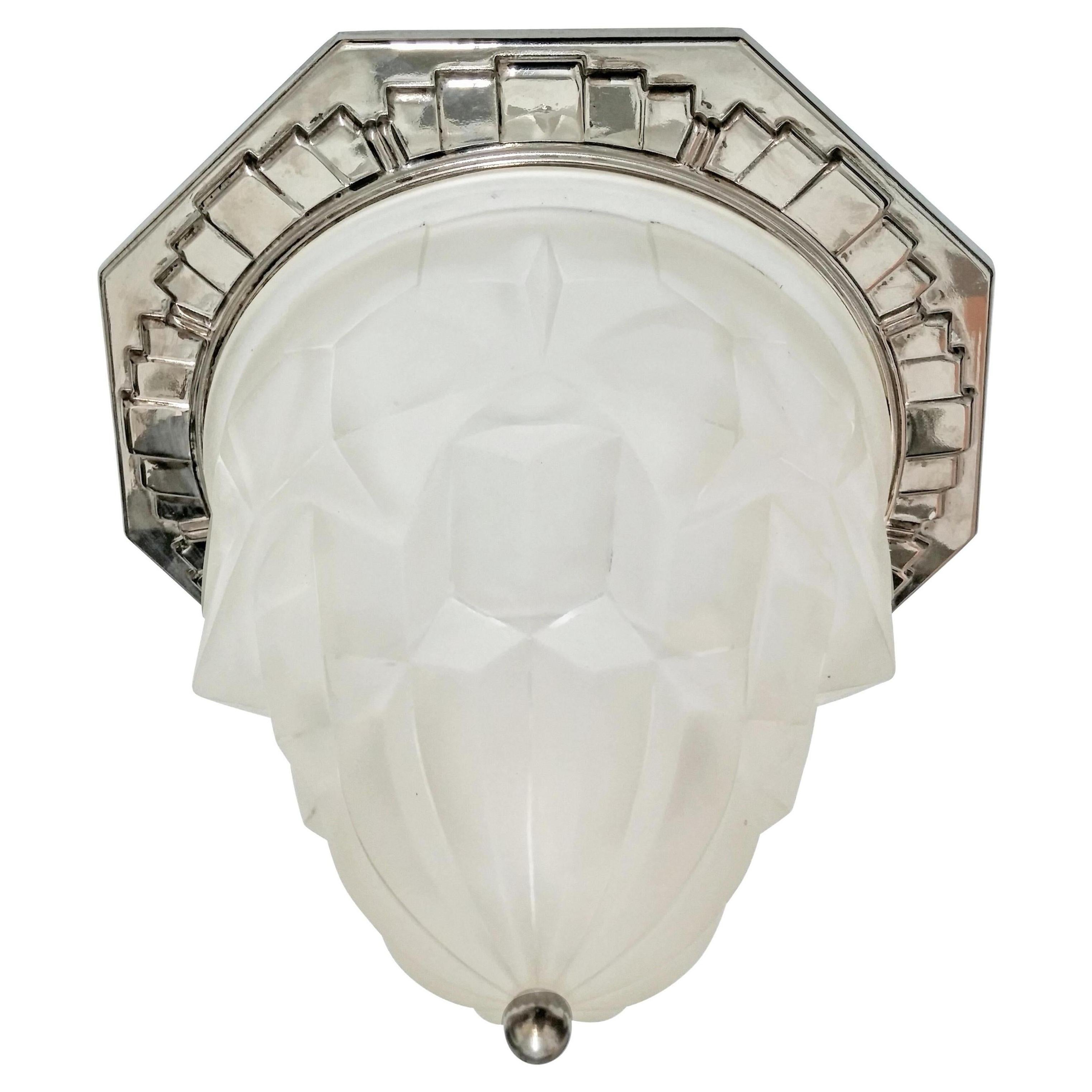 French Art Deco Flush Mount or Pendant Chandelier signed by Degue For Sale