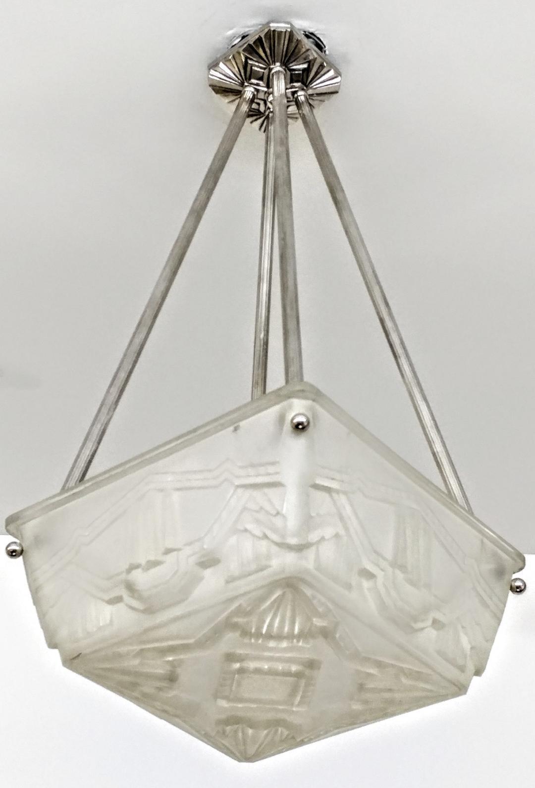 Cast Pair of French Art Deco Flush Pendant Chandelier by Sabino