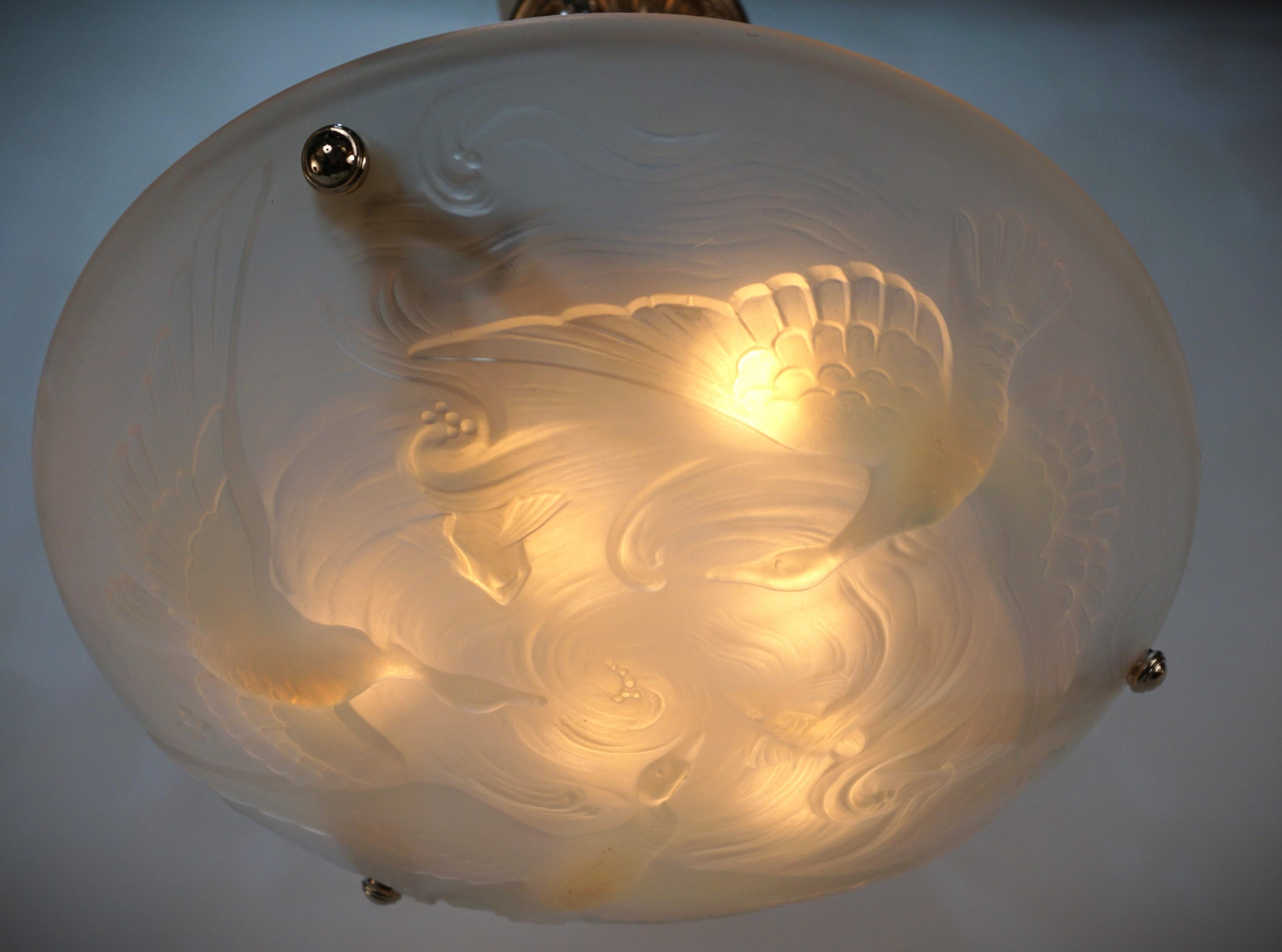 Opaline Glass French Art Deco Flying Bird and Fish Chandelier  #1
