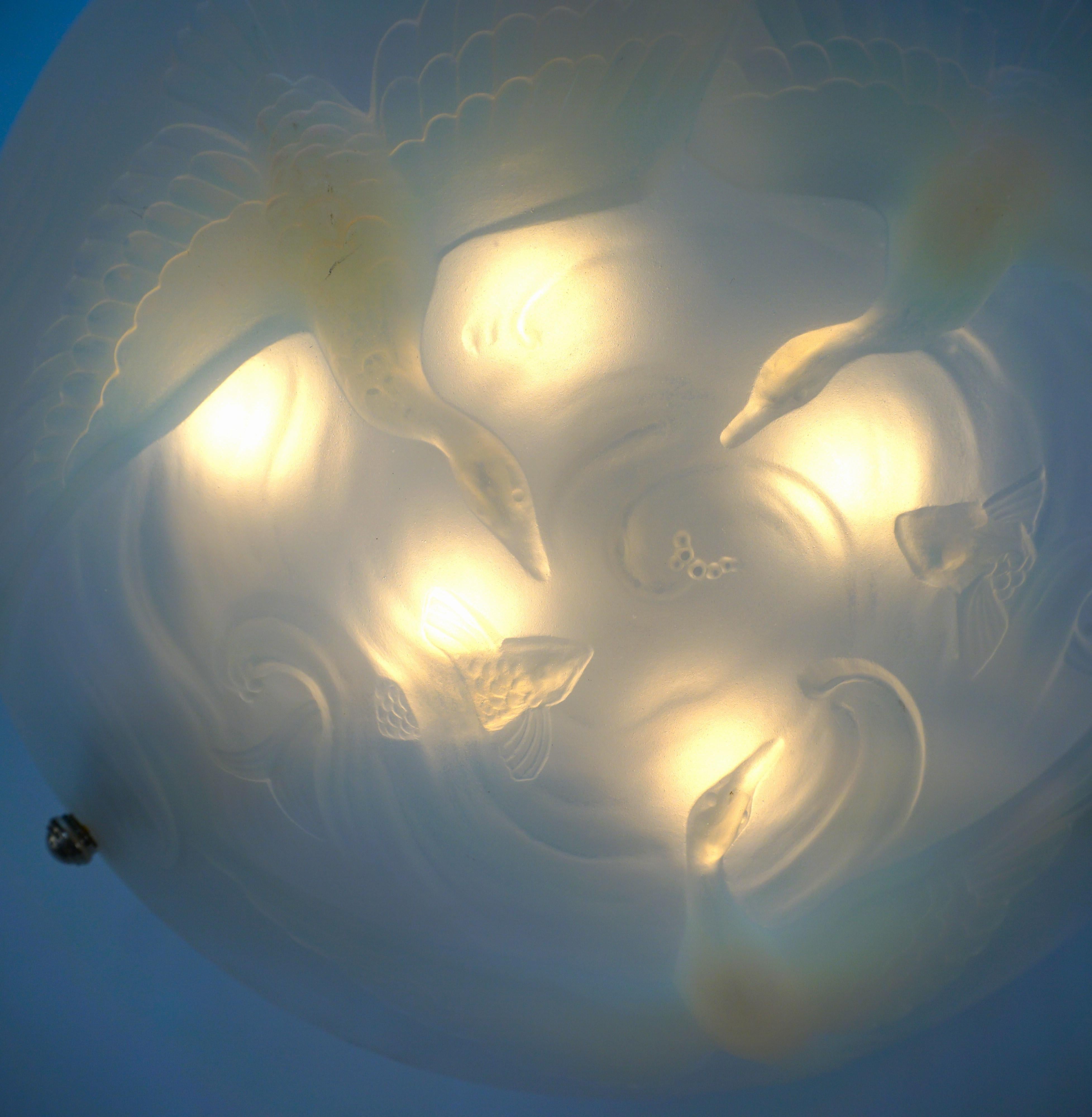 French Art Deco Flying Bird and Fish Opal Glass Chandelier #7 (two in stock) In Good Condition For Sale In Fairfax, VA
