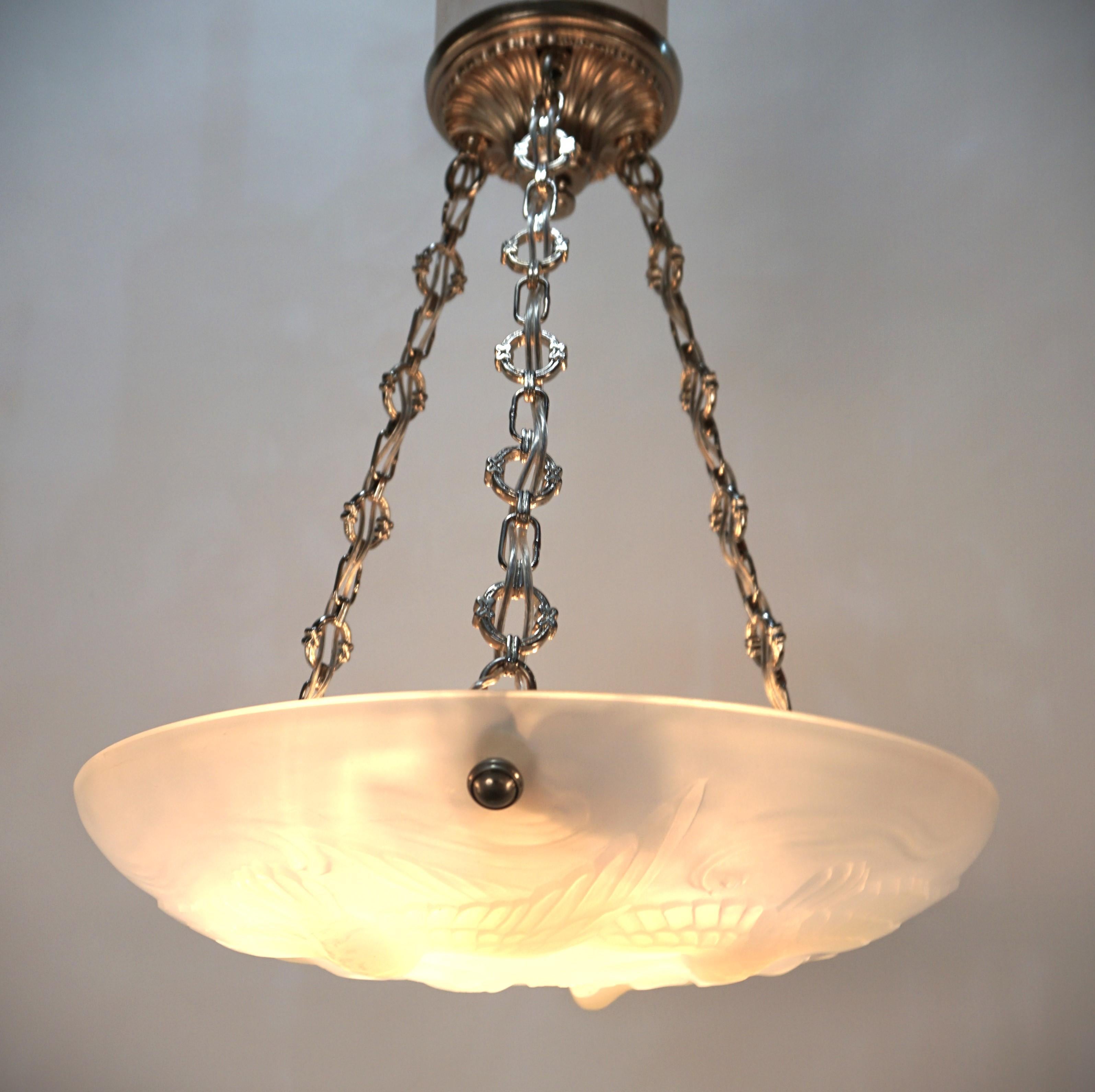 Early 20th Century French Art Deco Flying Bird and Fish Opal Glass Chandelier #7 (two in stock) For Sale