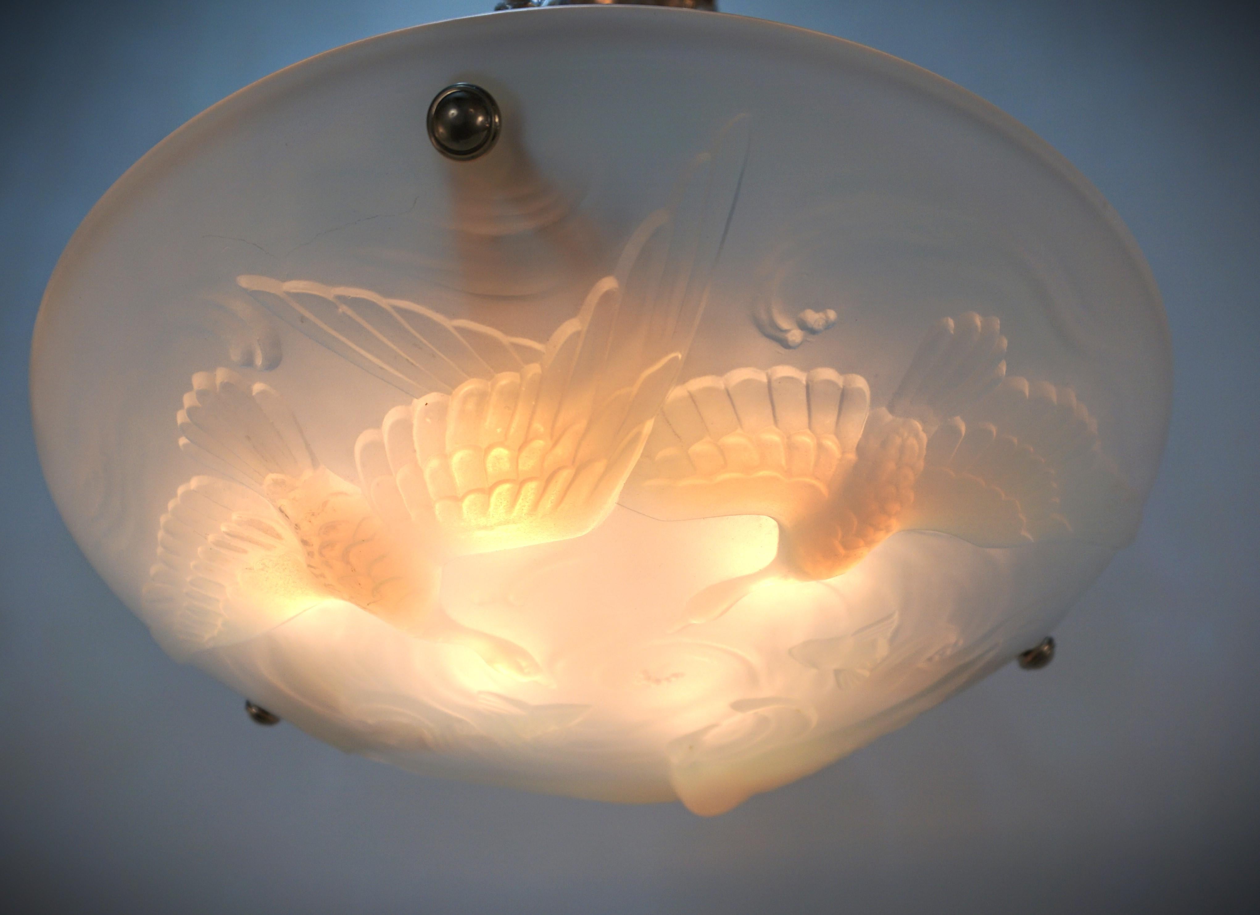 French Art Deco Flying Bird and Fish Opal Glass Chandelier #7 (two in stock) For Sale 2