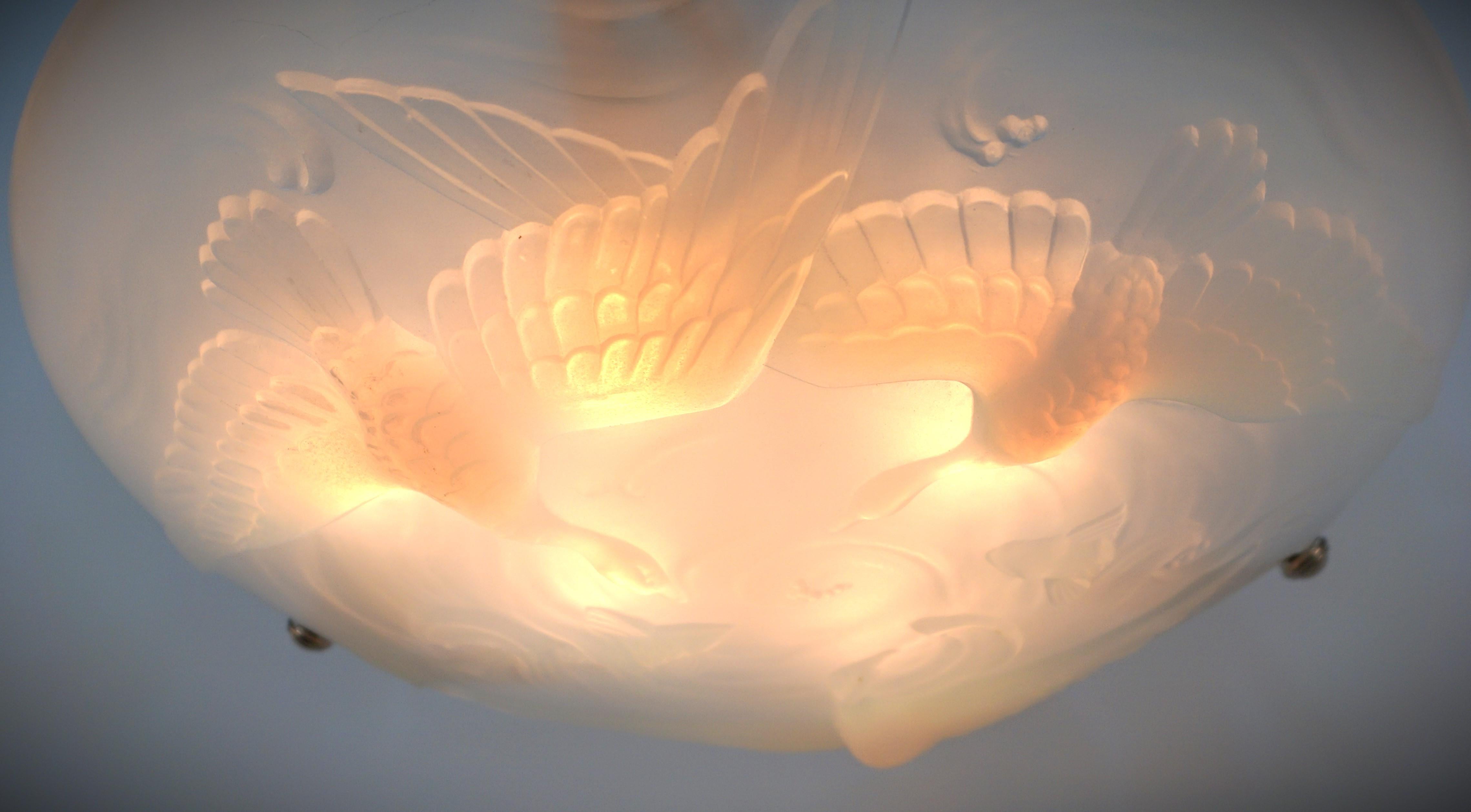 French Art Deco Flying Bird and Fish Opal Glass Chandelier #7 (two in stock) For Sale 3