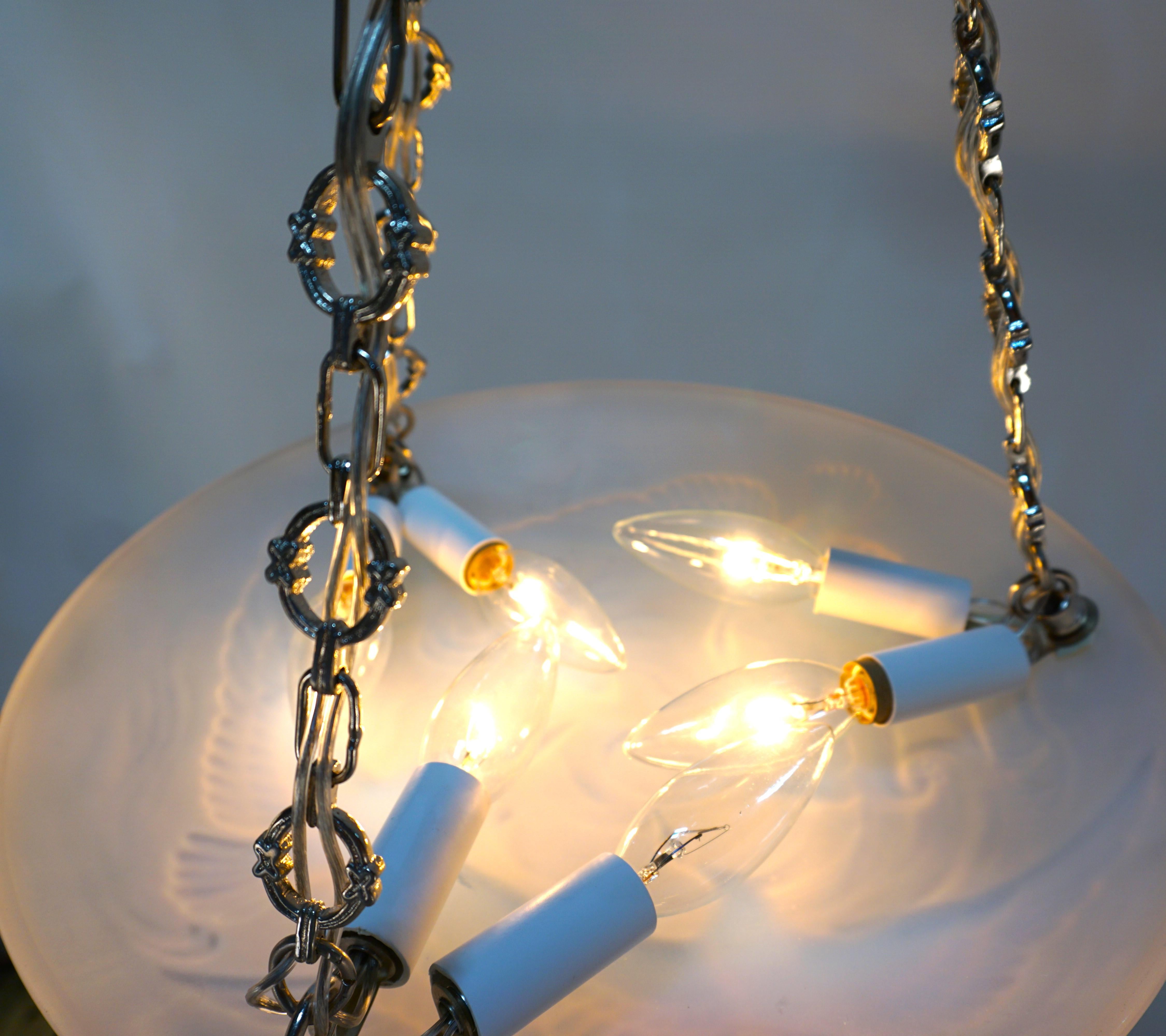French Art Deco Flying Bird and Fish Opal Glass Chandelier #7 (two in stock) For Sale 4