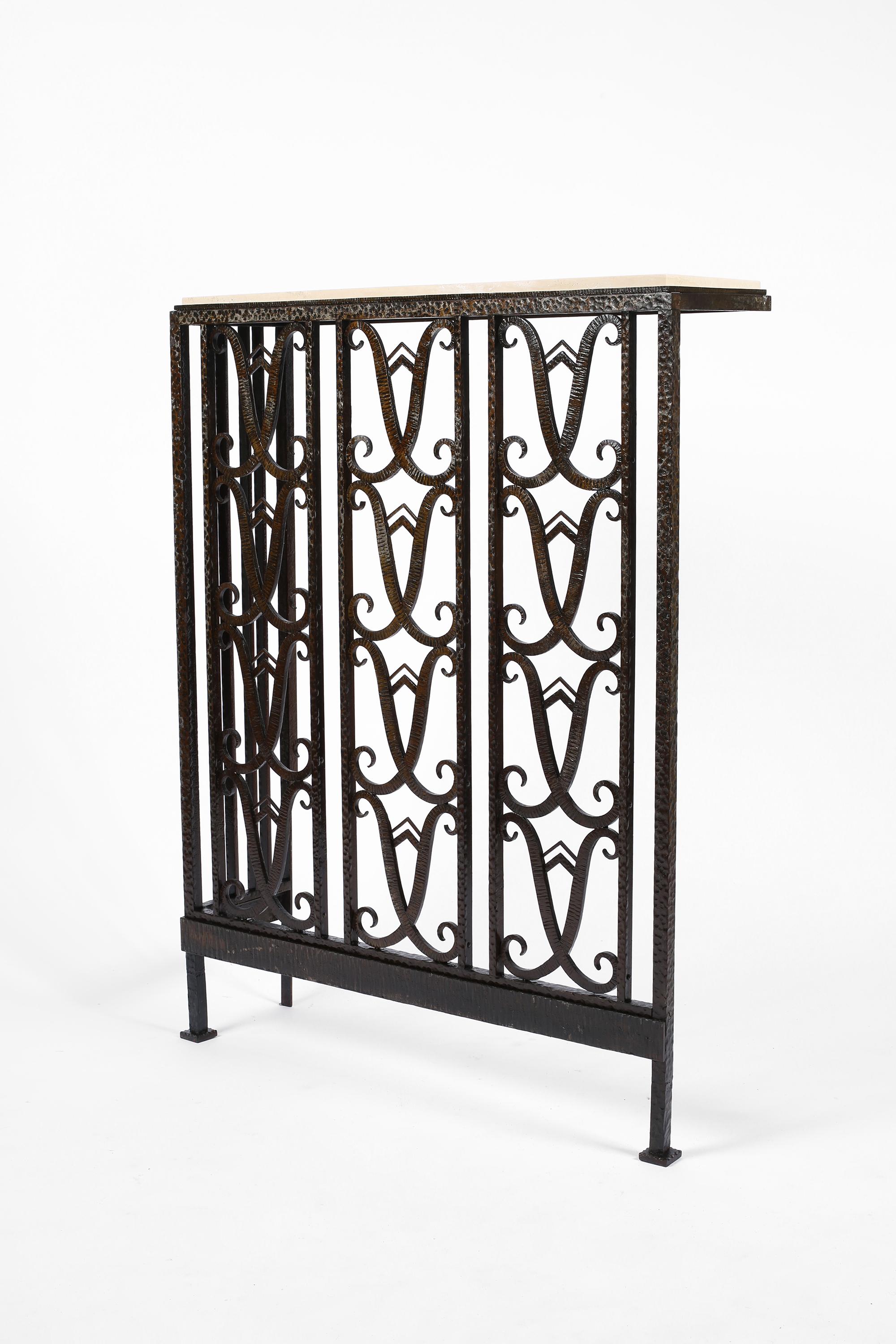 French Art Deco Forged Iron and Limestone Corner Console Table Radiator Cover For Sale 8