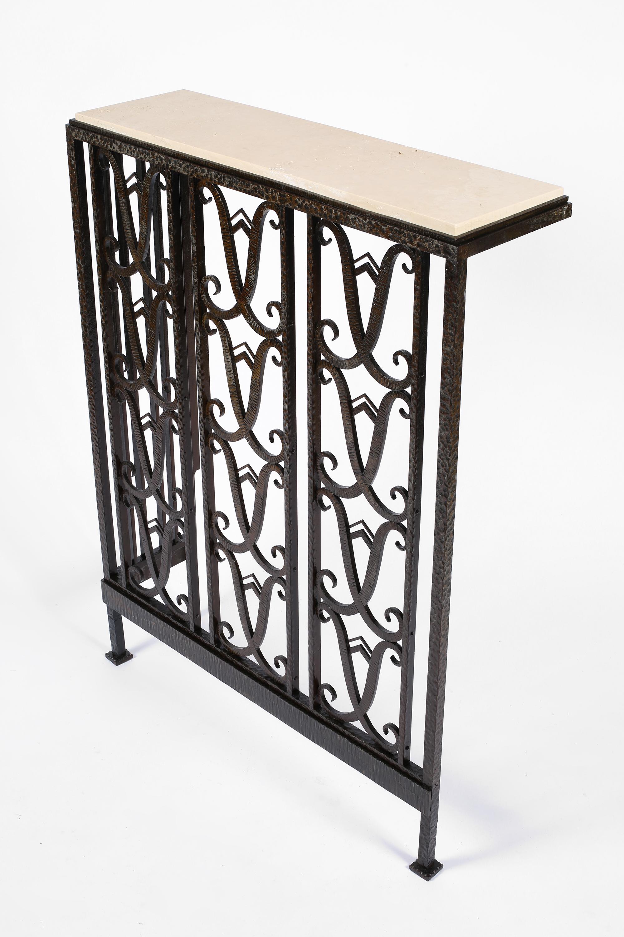 French Art Deco Forged Iron and Limestone Corner Console Table Radiator Cover For Sale 9