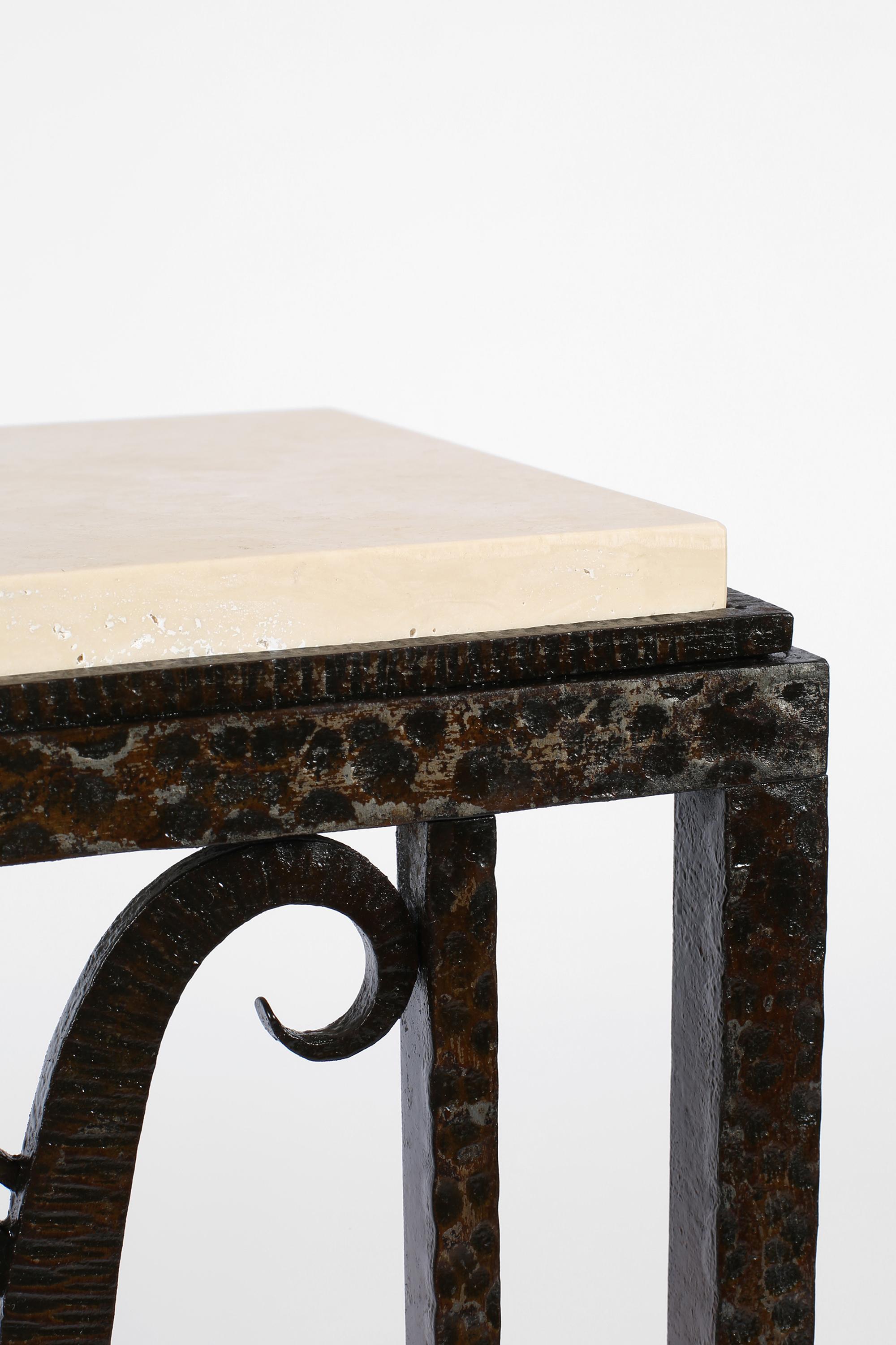20th Century French Art Deco Forged Iron and Limestone Corner Console Table Radiator Cover For Sale