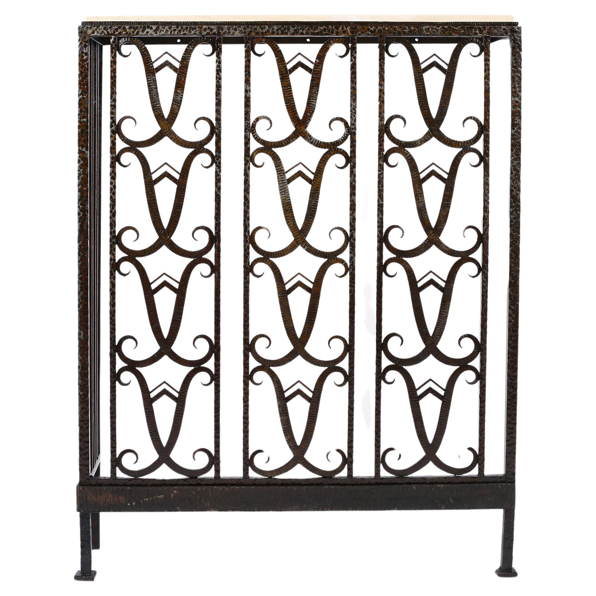 French Art Deco Forged Iron and Limestone Corner Console Table Radiator Cover For Sale