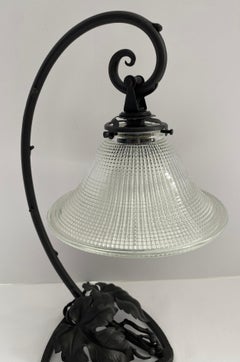 French Art Deco Forged Iron Table Lamp With Molded Glass Shade circa 1930