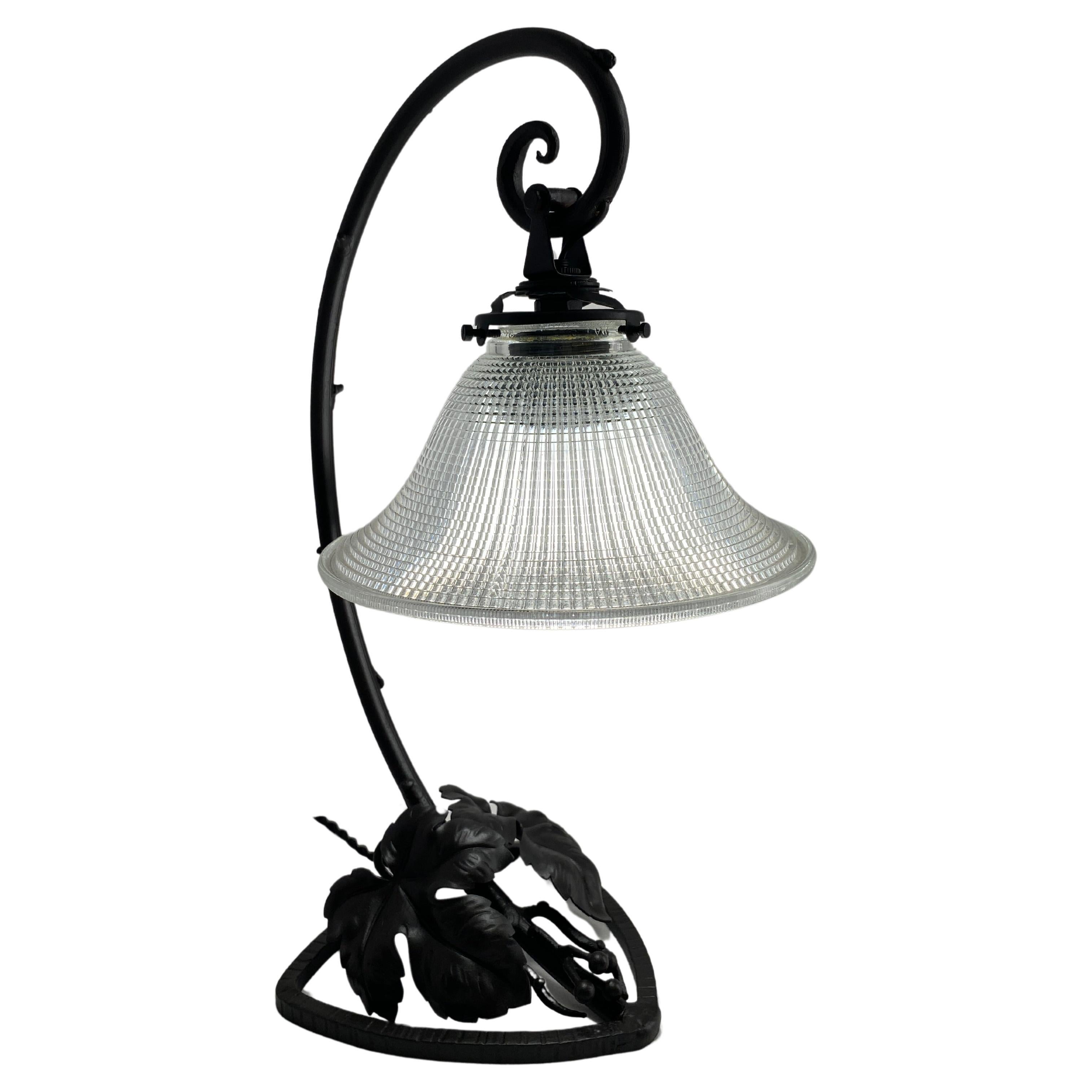 French Art Deco Forged Iron Table Lamp With Glass Shade