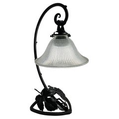 French Art Deco Forged Iron Table Lamp With Glass Shade