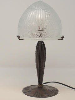French Art Deco Forged Iron Table Lamp with Molded Glass Shade