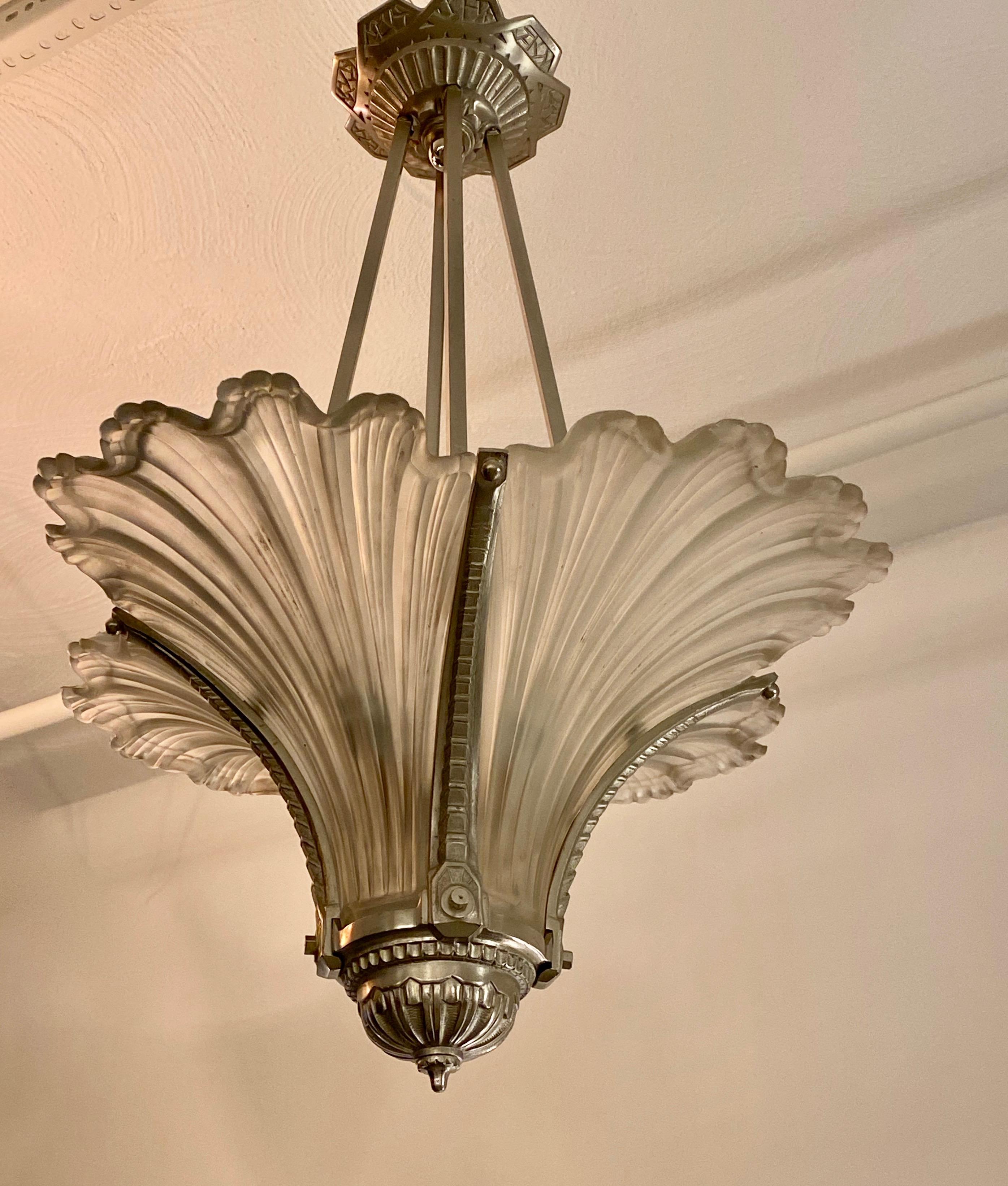 Early 20th Century French Art Deco Four Glass  Panel Ribbed Pendant Chandelier  For Sale