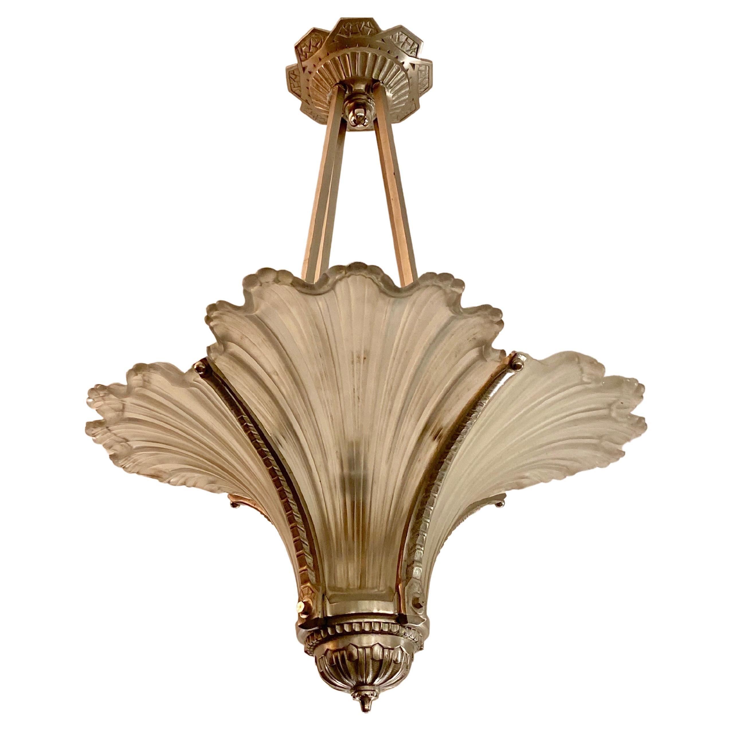 French Art Deco Four Glass  Panel Ribbed Pendant Chandelier  For Sale