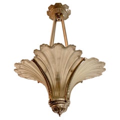 French Art Deco Four Glass  Panel Ribbed Pendant Chandelier 