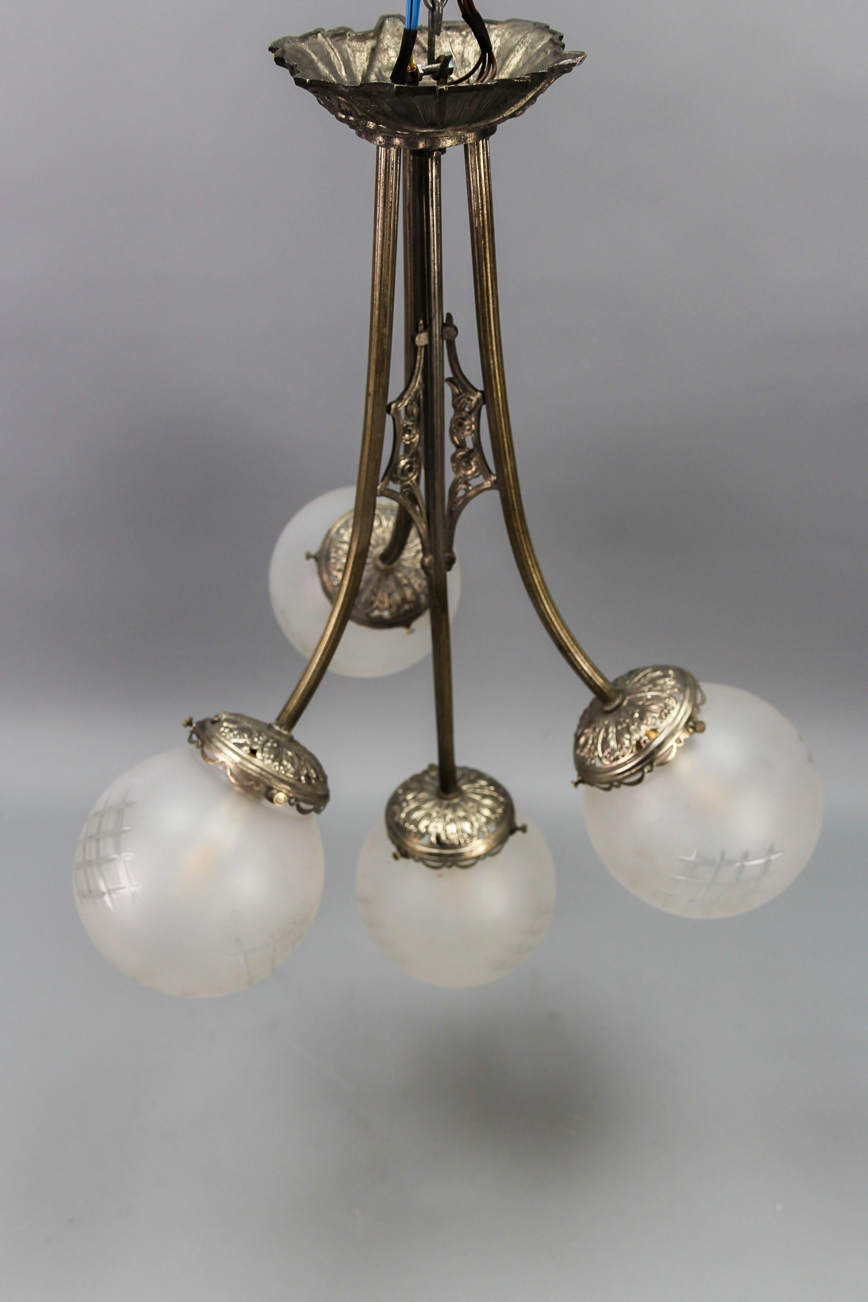 French Art Deco Four-Light Brass and Frosted Cut Glass Globes Pendant Chandelier For Sale 9
