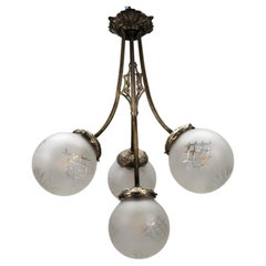 Vintage French Art Deco Four-Light Brass and Frosted Cut Glass Globes Pendant Chandelier