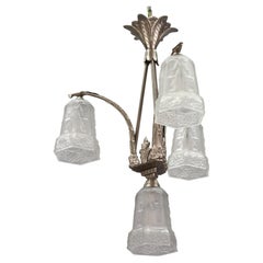 French Art Deco Four-Light Brass and White Frosted Glass Chandelier, 1930s