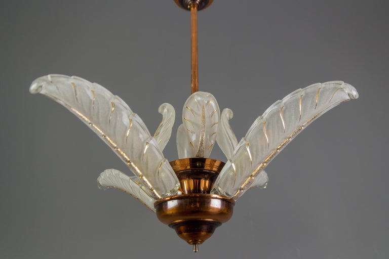 French Art Deco Four-Light Copper and Frosted Glass Chandelier by Ezan, 1930s For Sale 9