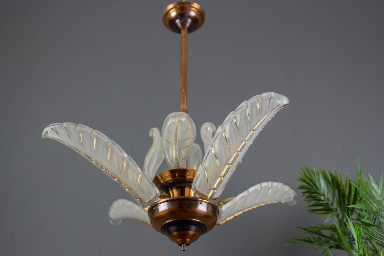 French Art Deco Four-Light Copper and Frosted Glass Chandelier by Ezan, 1930s For Sale 15