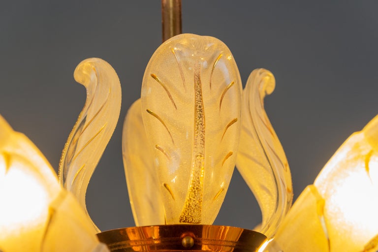 Brass French Art Deco Four-Light Copper and Frosted Glass Chandelier by Ezan, 1930s For Sale