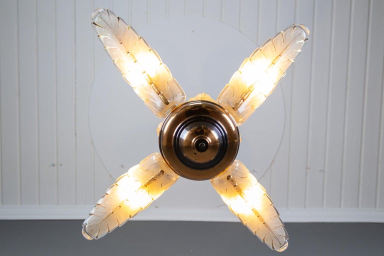 French Art Deco Four-Light Copper and Frosted Glass Chandelier by Ezan, 1930s For Sale 1