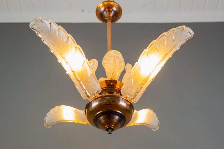 French Art Deco Four-Light Copper and Frosted Glass Chandelier by Ezan, 1930s For Sale 3