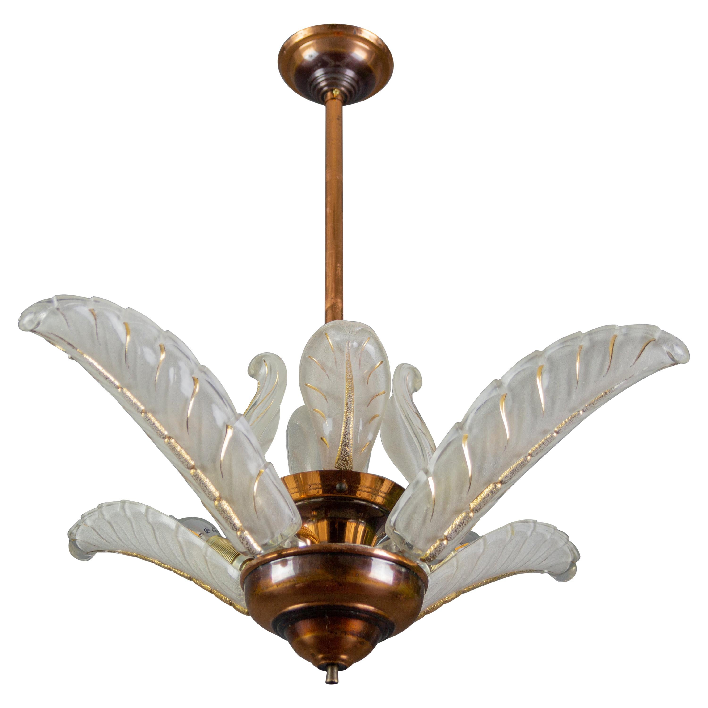 French Art Deco Four-Light Copper and Frosted Glass Chandelier by Ezan, 1930s