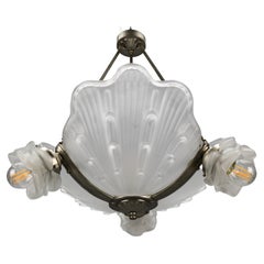 Vintage French Art Deco Four-Light White Frosted Glass Shell Chandelier, 1930s