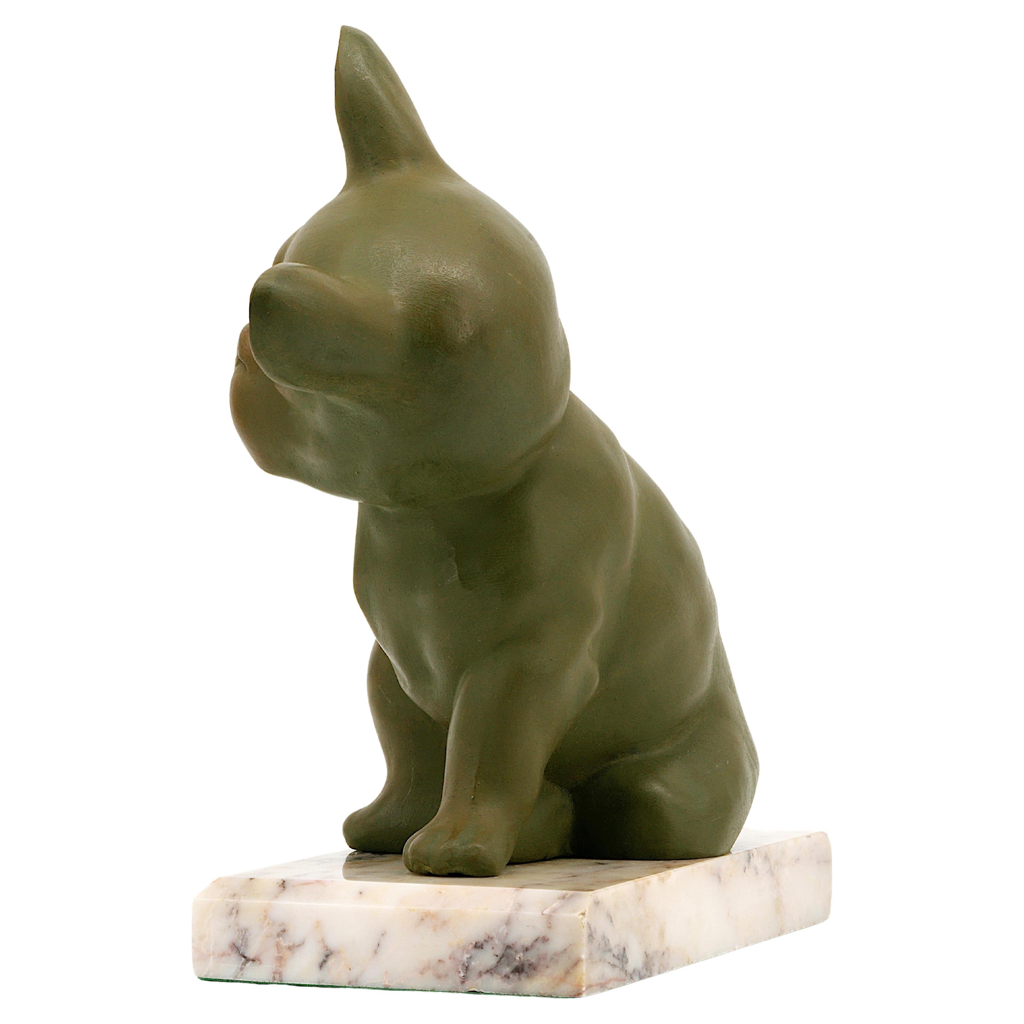 French Art Deco French bulldog sculpture, France, circa 1925. Spelter and marble. Width : 11