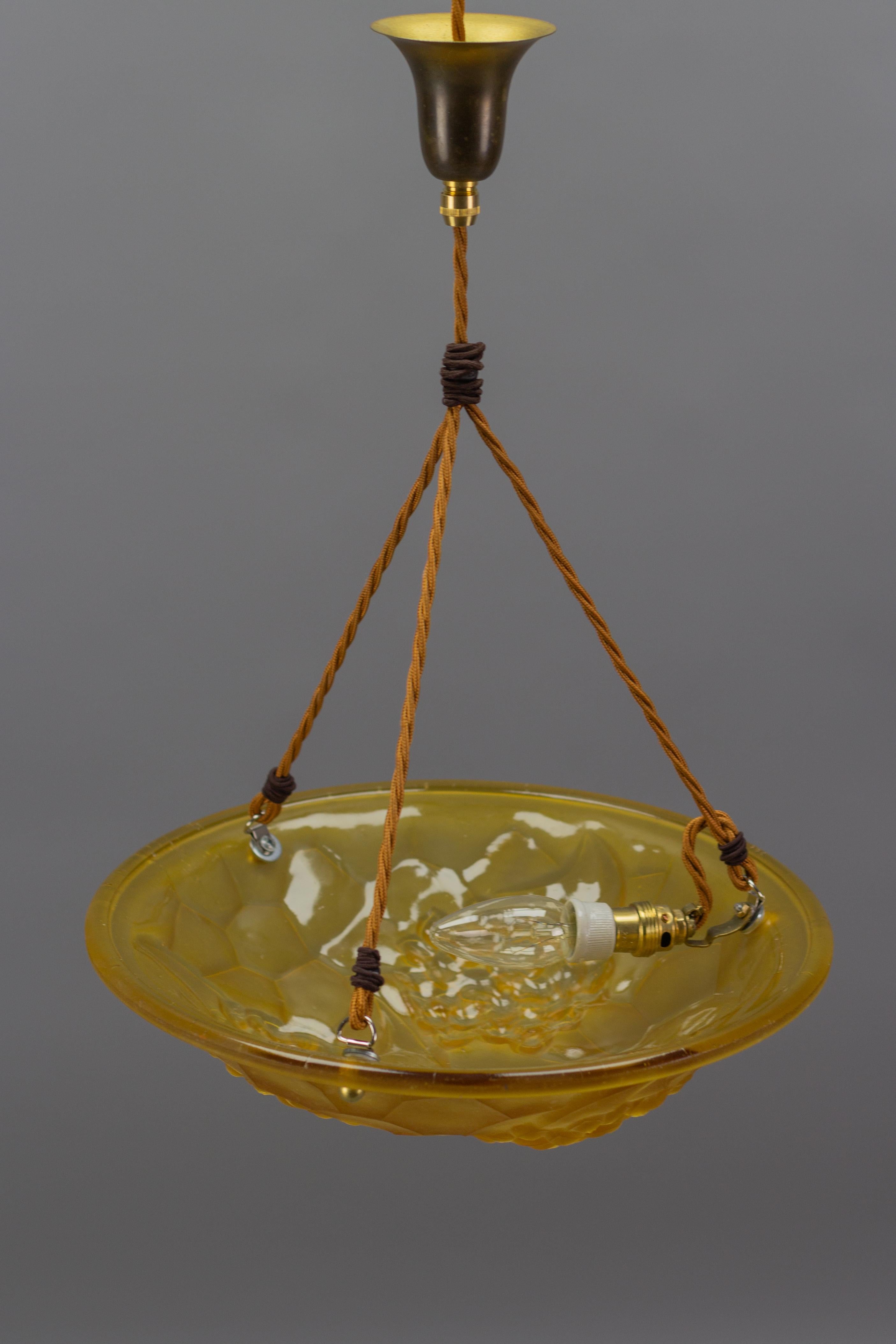 French Art Deco Frosted Amber Color Pendant Light Signed ROS, 1930s For Sale 11