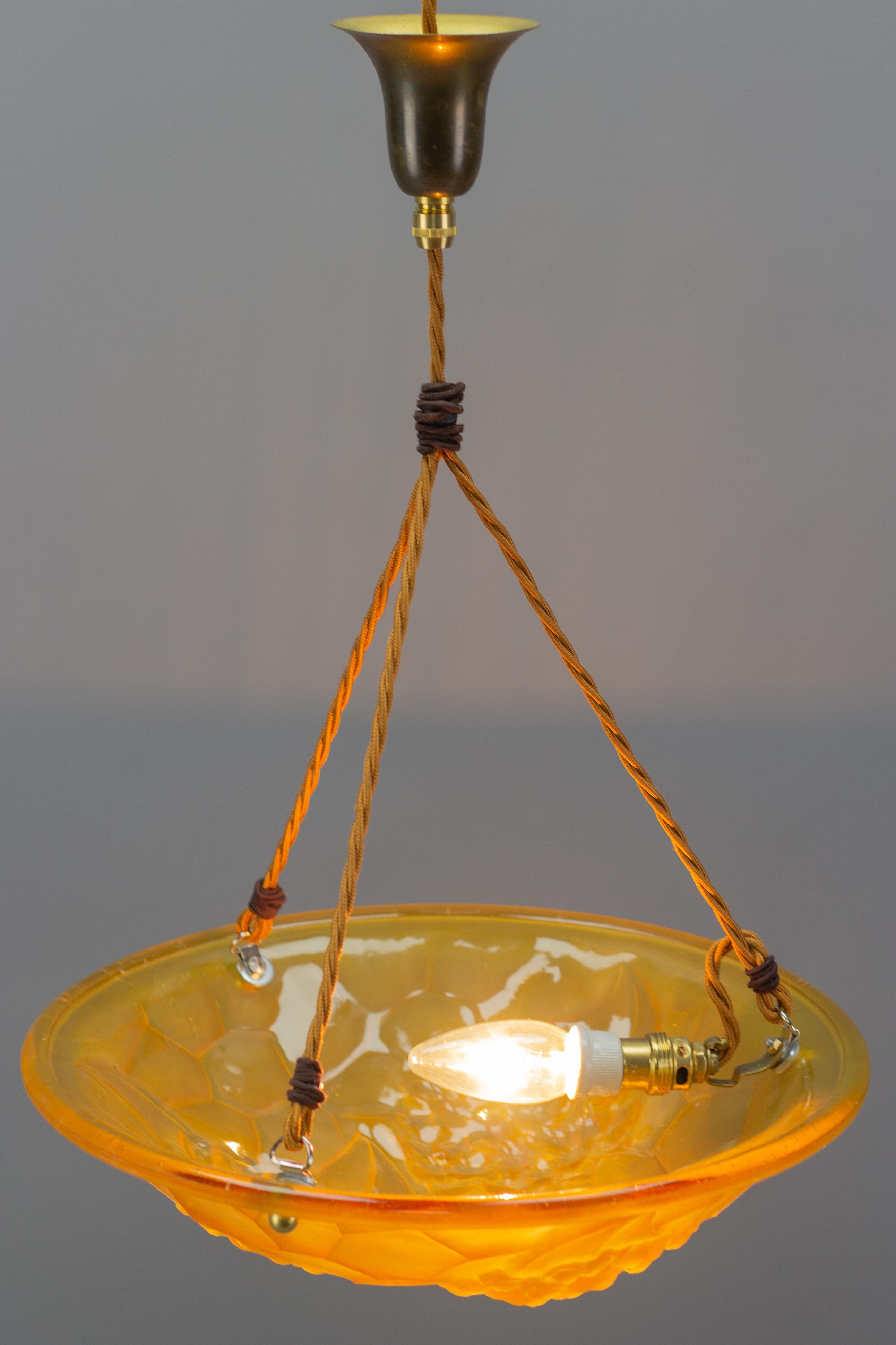 French Art Deco Frosted Amber Color Pendant Light Signed ROS, 1930s For Sale 12