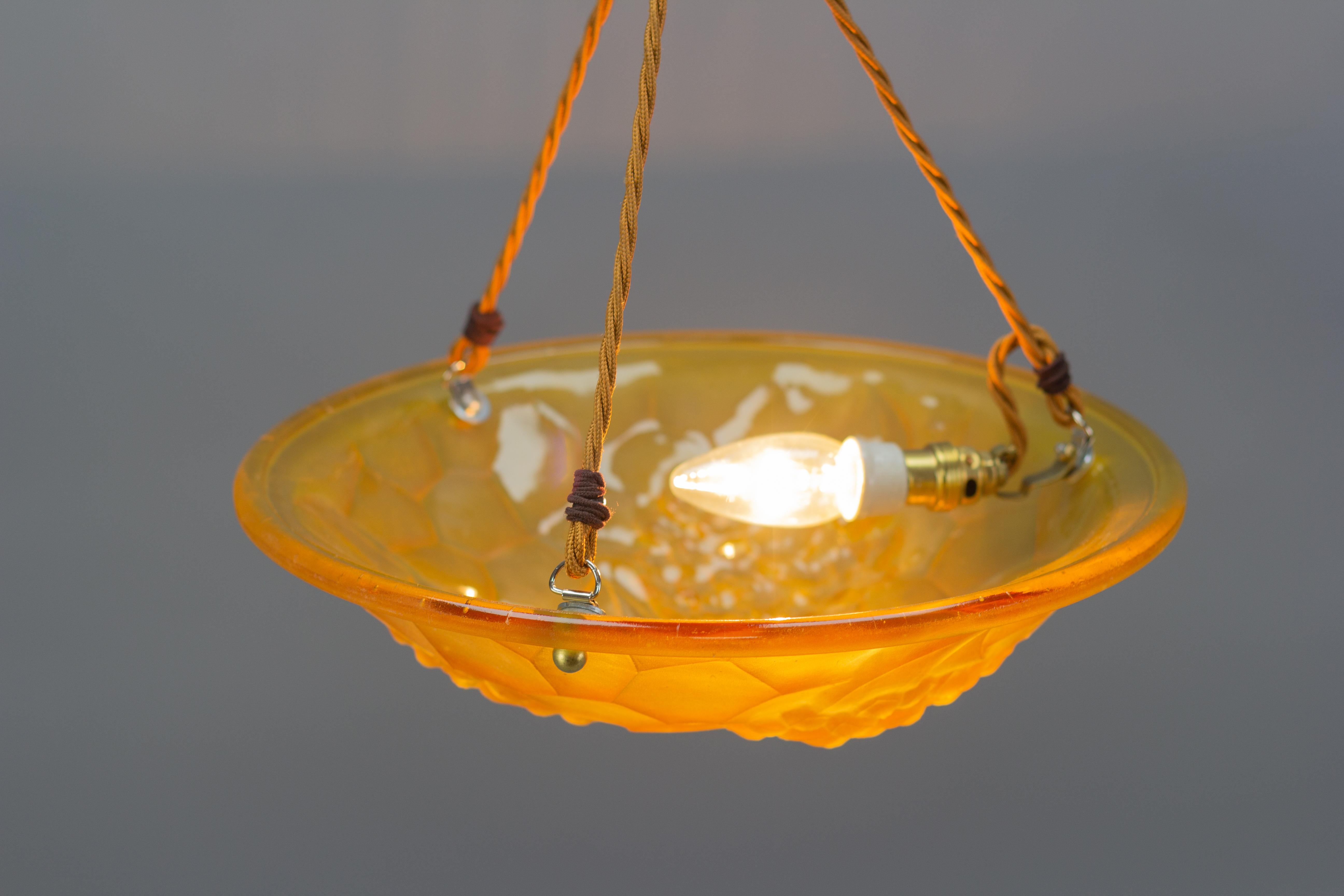French Art Deco Frosted Amber Color Pendant Light Signed ROS, 1930s For Sale 13