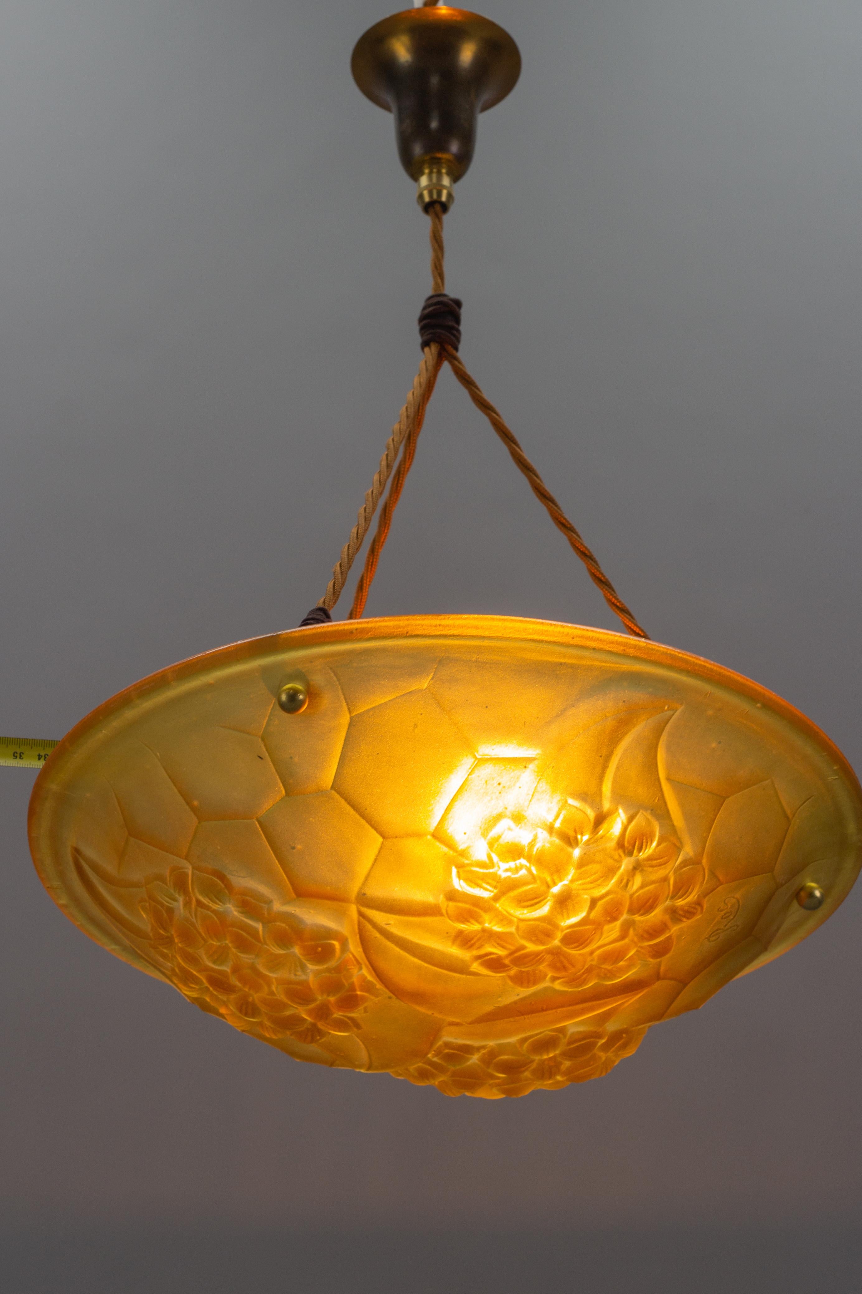 French Art Deco Frosted Amber Color Pendant Light Signed ROS, 1930s For Sale 14