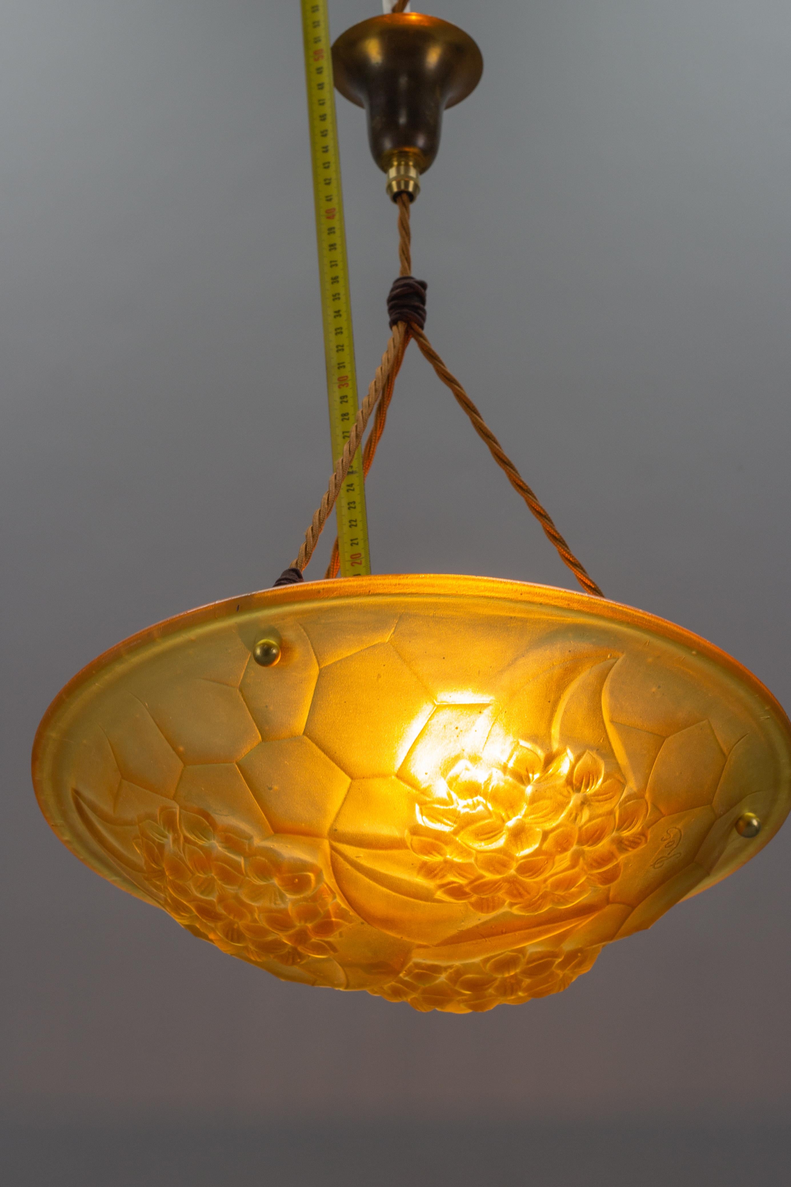 French Art Deco Frosted Amber Color Pendant Light Signed ROS, 1930s For Sale 15