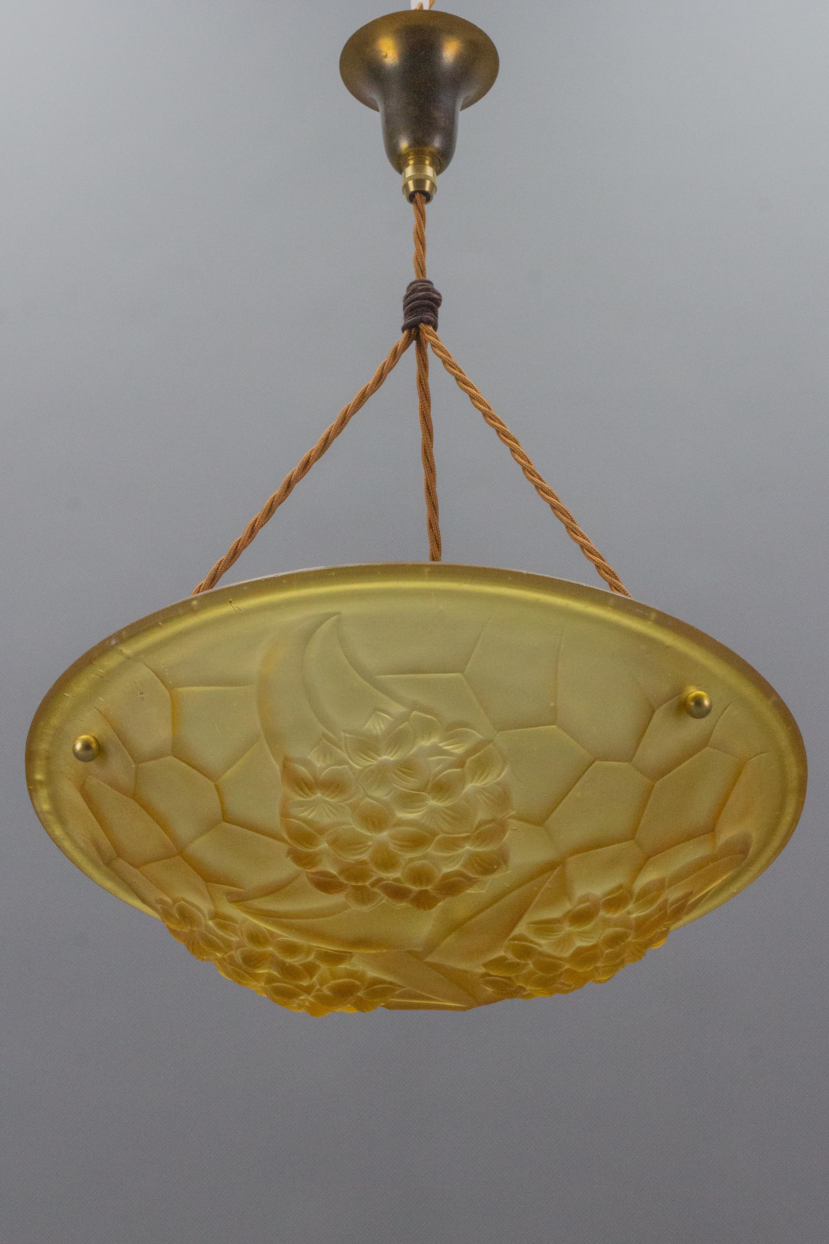 Brass French Art Deco Frosted Amber Color Pendant Light Signed ROS, 1930s For Sale