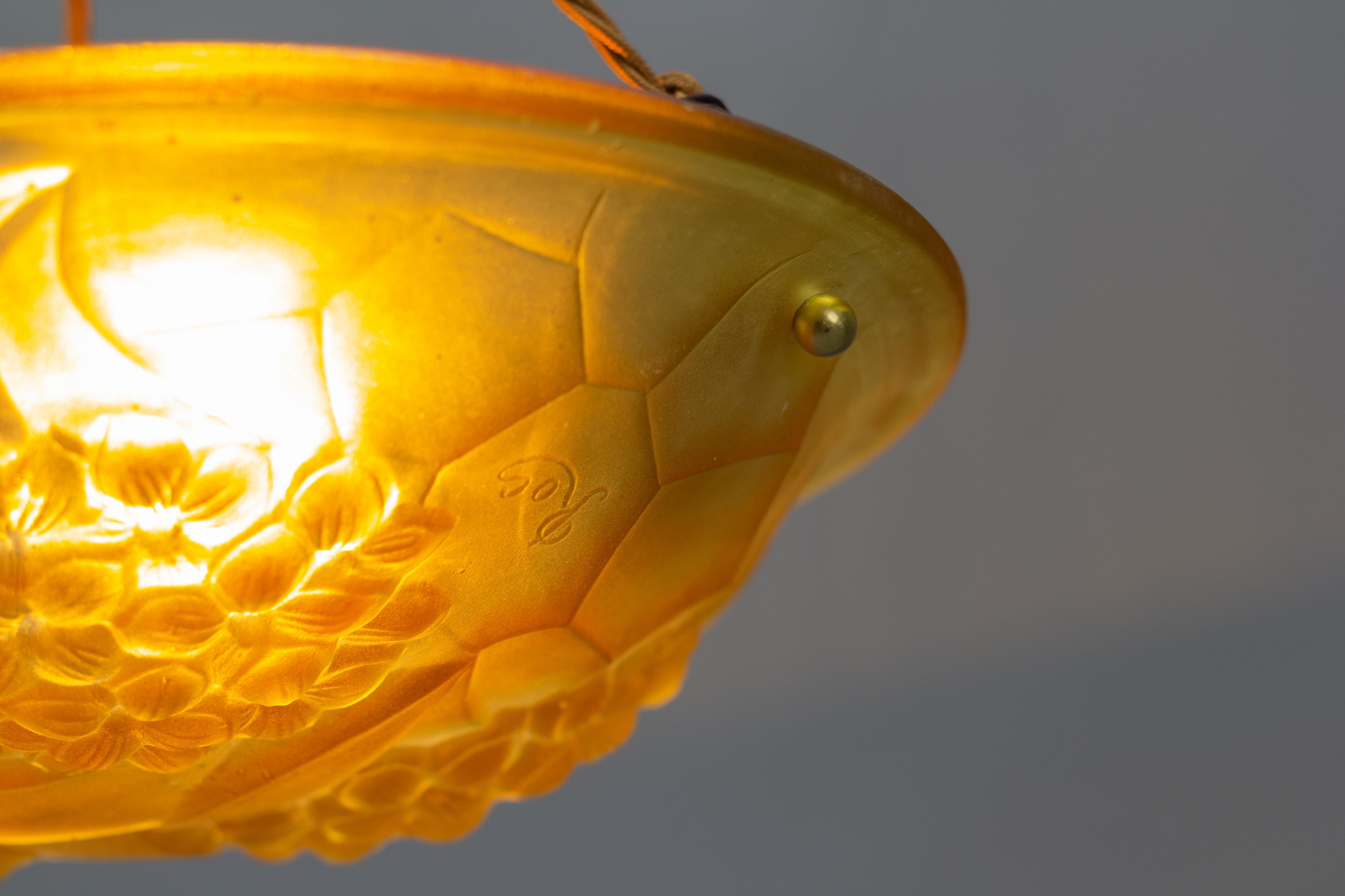 French Art Deco Frosted Amber Color Pendant Light Signed ROS, 1930s For Sale 4