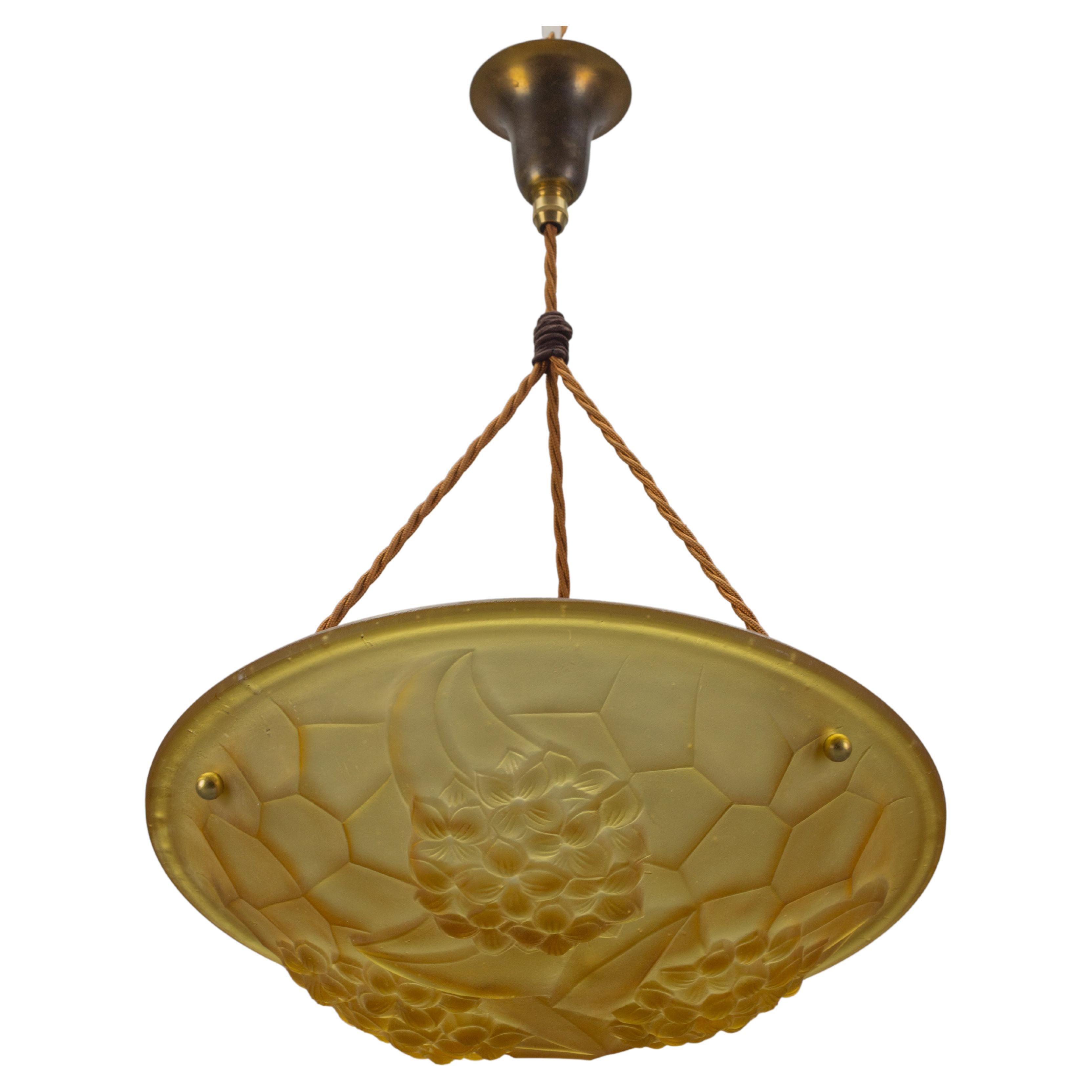 French Art Deco Frosted Amber Color Pendant Light Signed ROS, 1930s For Sale